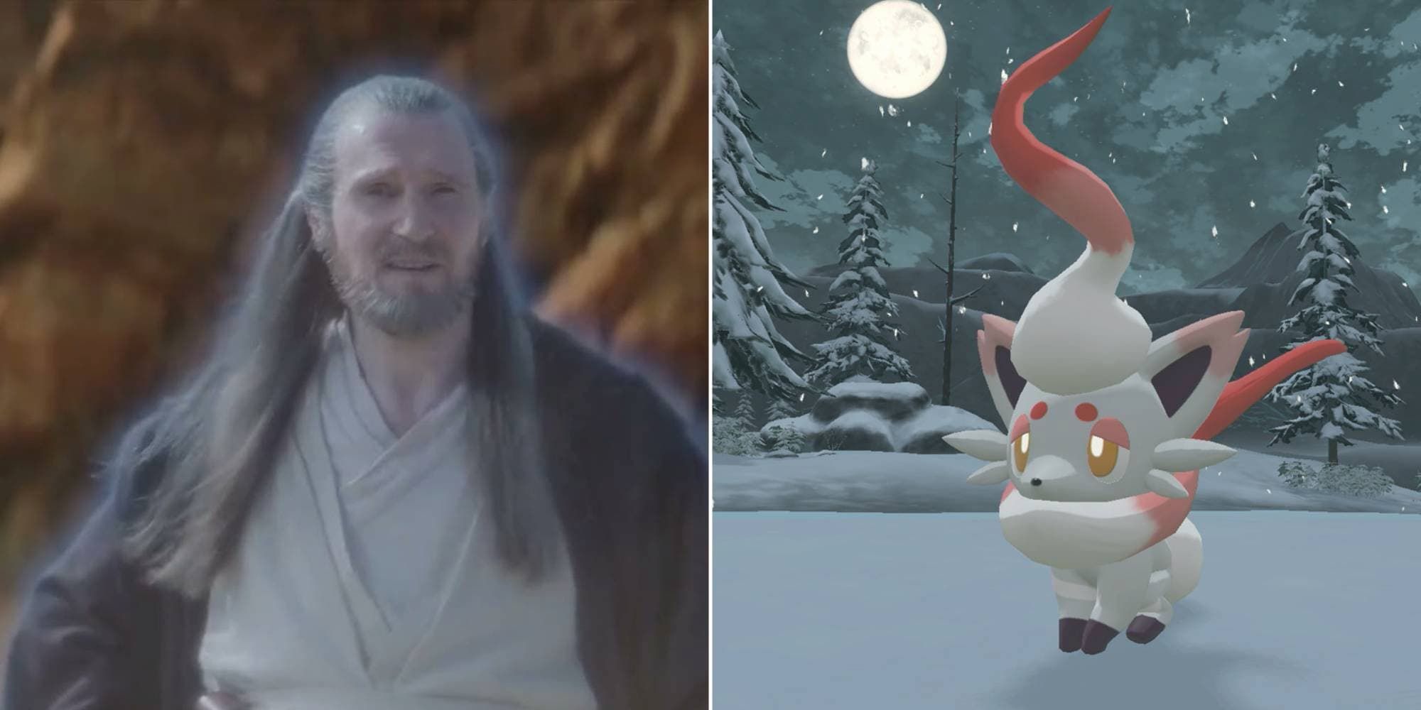 Qui-Gon Jinn appears as a force ghost and Hisuian Zorua stands under the moon in the snow.