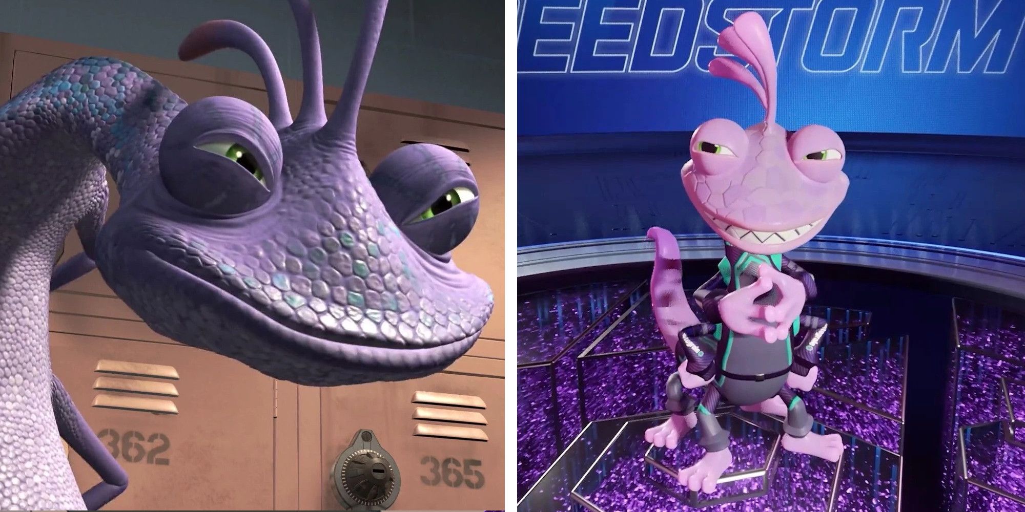 Two photos of Randall from Monsters Inc. One from the movie, the other from Disney Speedstorm.