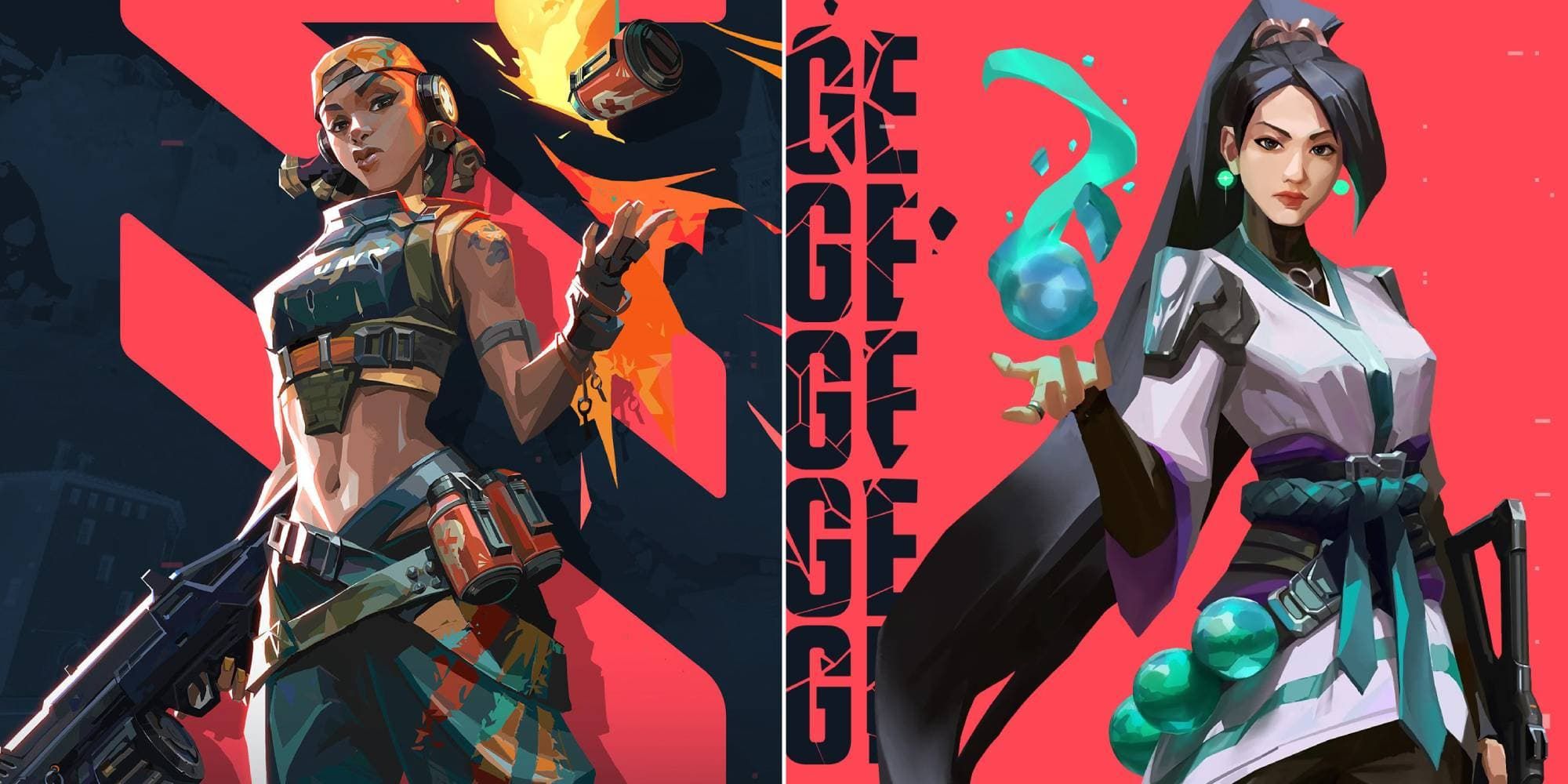 Raze holds a Judge shotgun and tosses a grenade in the air while Sage levitates one of her slow orbs in her hand.