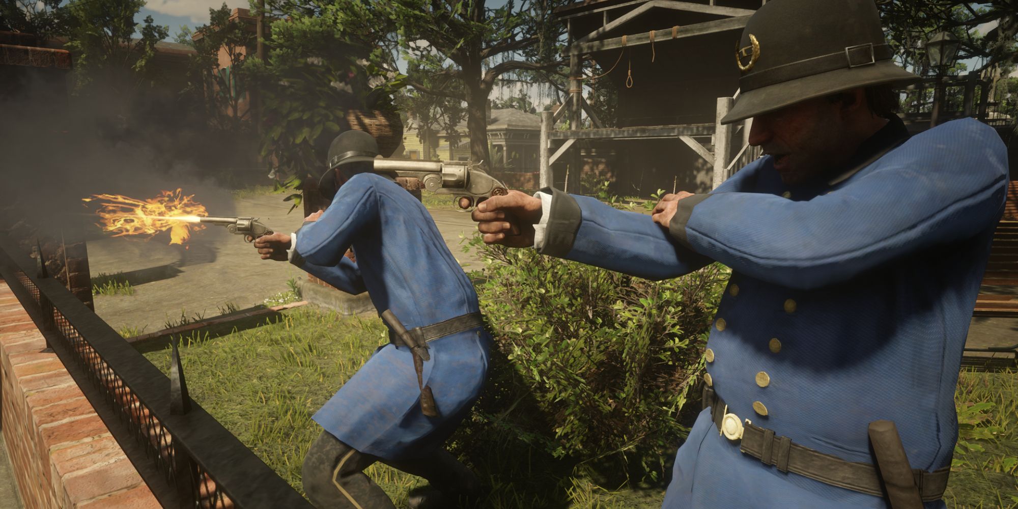 An image of two cops shooting pistols in Red Dead Redemption 2