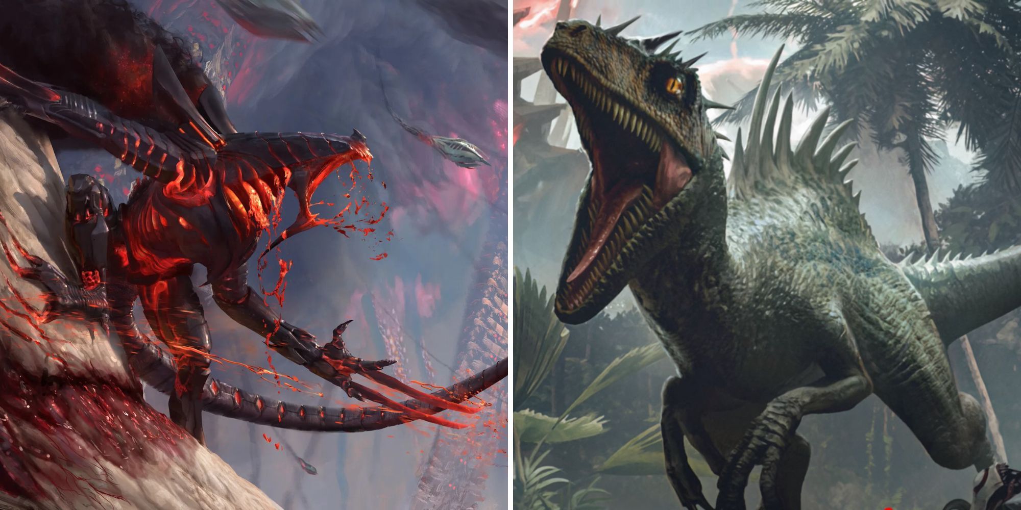 Urabrask and an Ixalan raptor dinosaur in Magic The Gathering.