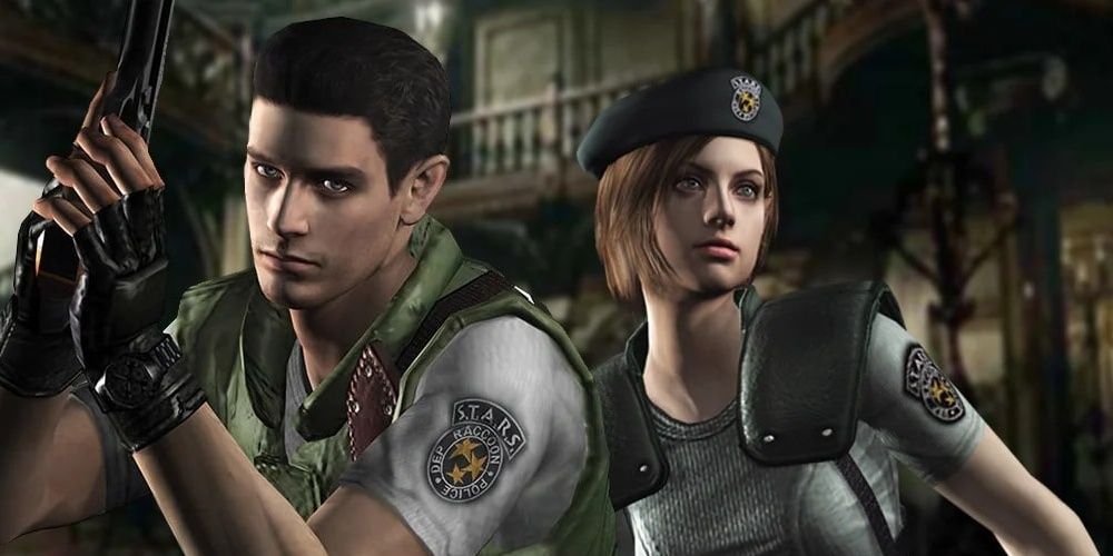 Chris readying a gun and Jill looking to the distance in Resident Evil the video game
