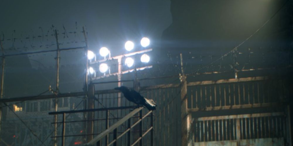 a crow on a handrail in the cargo depot in resident evil 4 remake