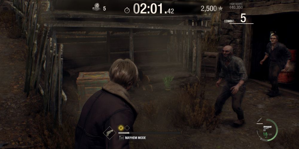 A pair of Ganados attempt to prevent Leon Kennedy from getting a Green Herb in Resident Evil 4 Remake: The Mercenaries