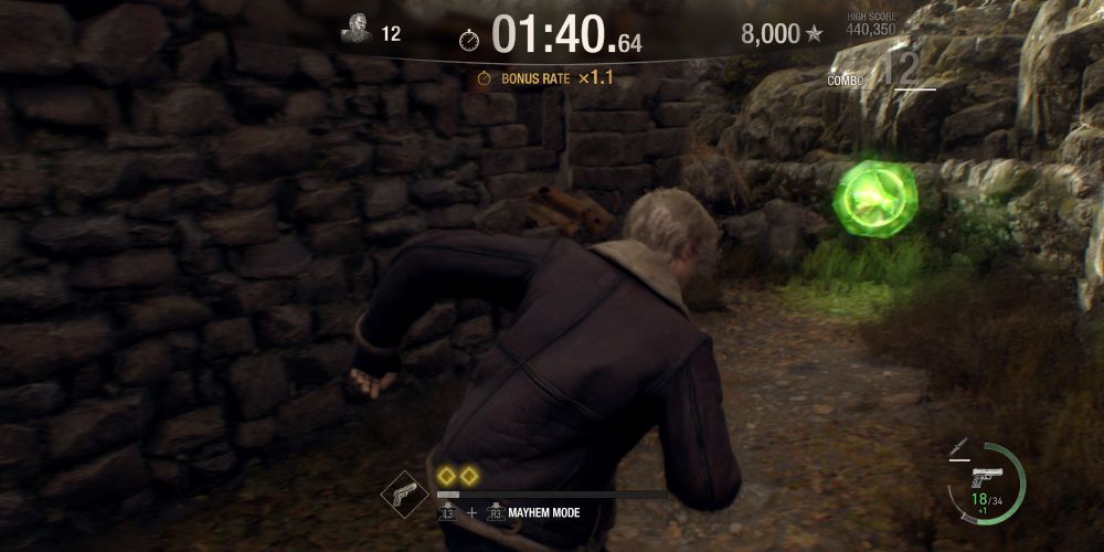 Leon Kennedy runs toward a time bonus orb in the Village in Resident Evil 4 Remake: The Mercenaries