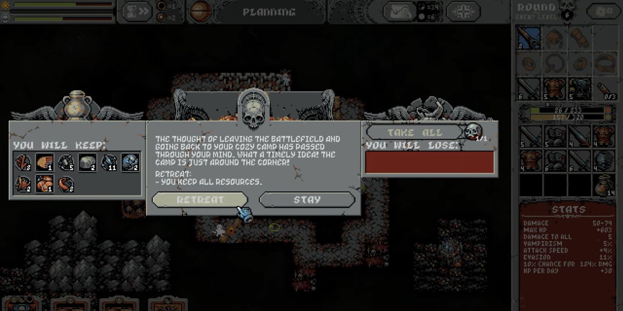 the retreat screen in loop hero