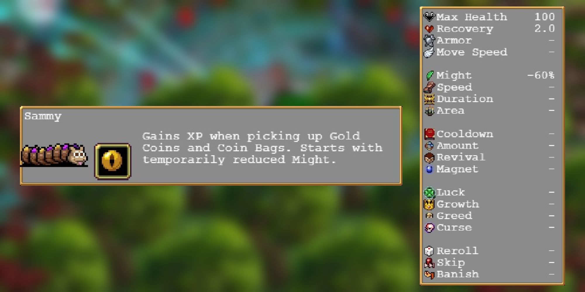 The stats and description of Sammy from Vampire Survivors.