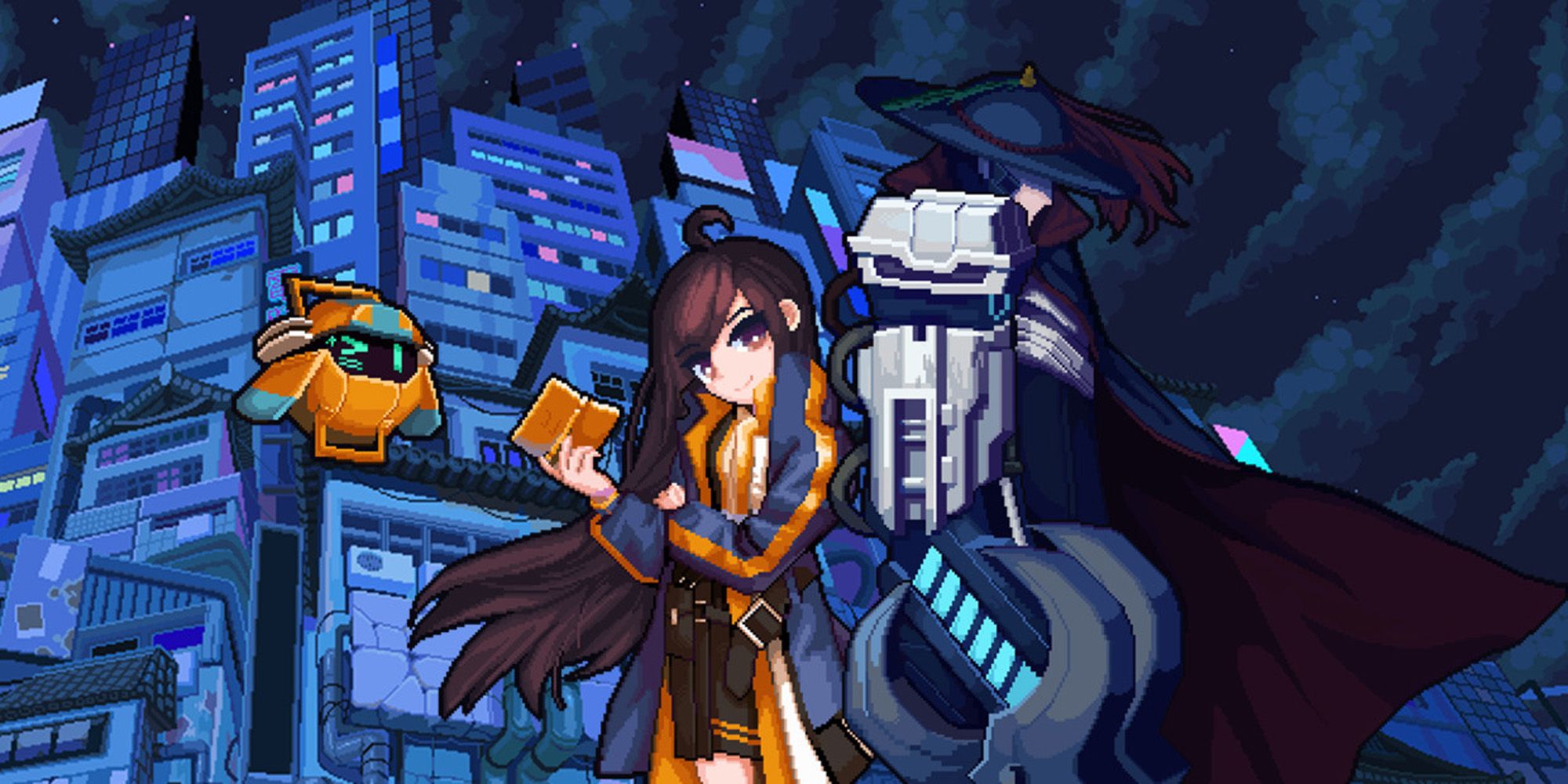 SANABI artwork of Protaganist and Marie Golden standing in front buildings
