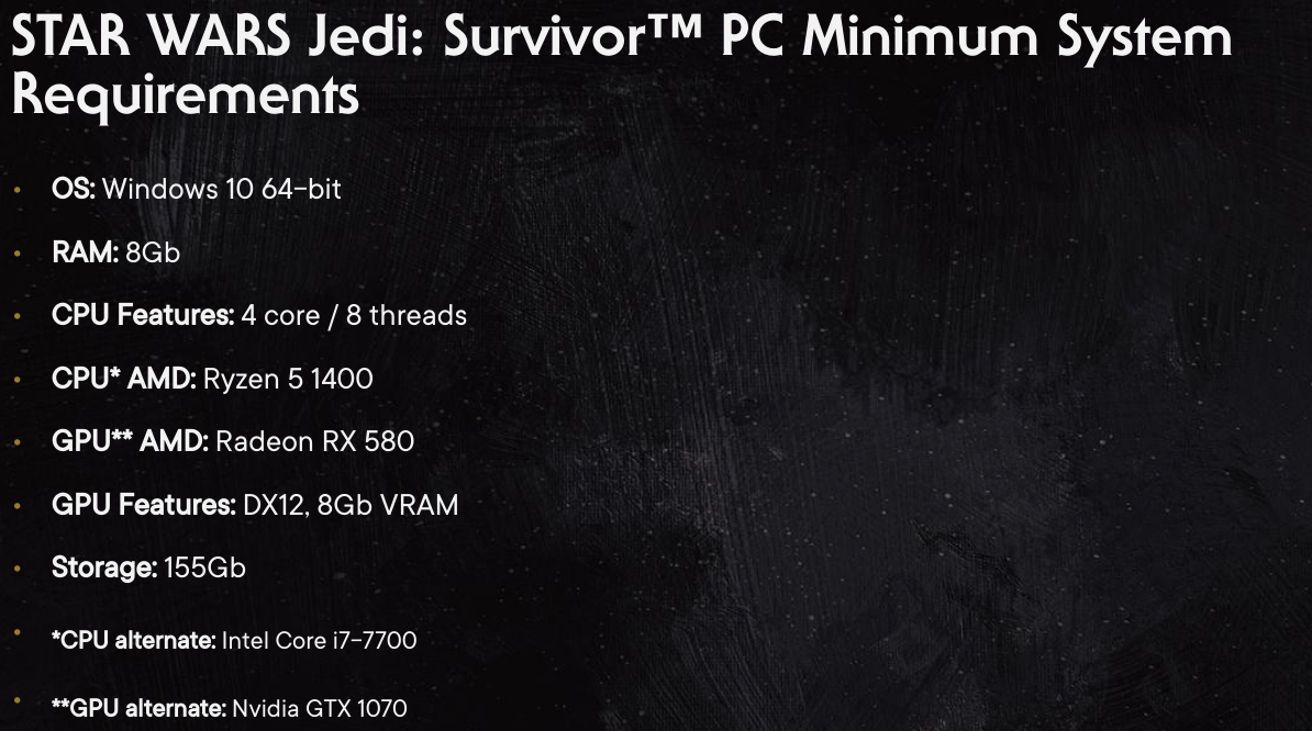 Star Wars Jedi: Survivor's PC requirements.