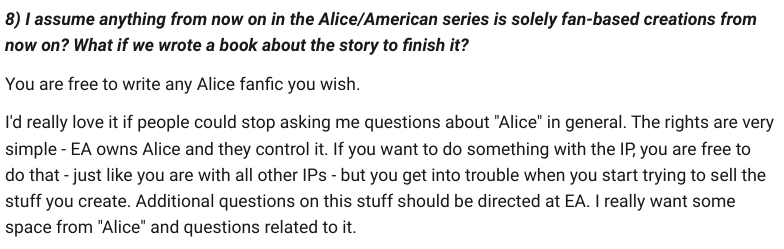 A post on American McGee's Patreon asking people to stop talking about Alice.