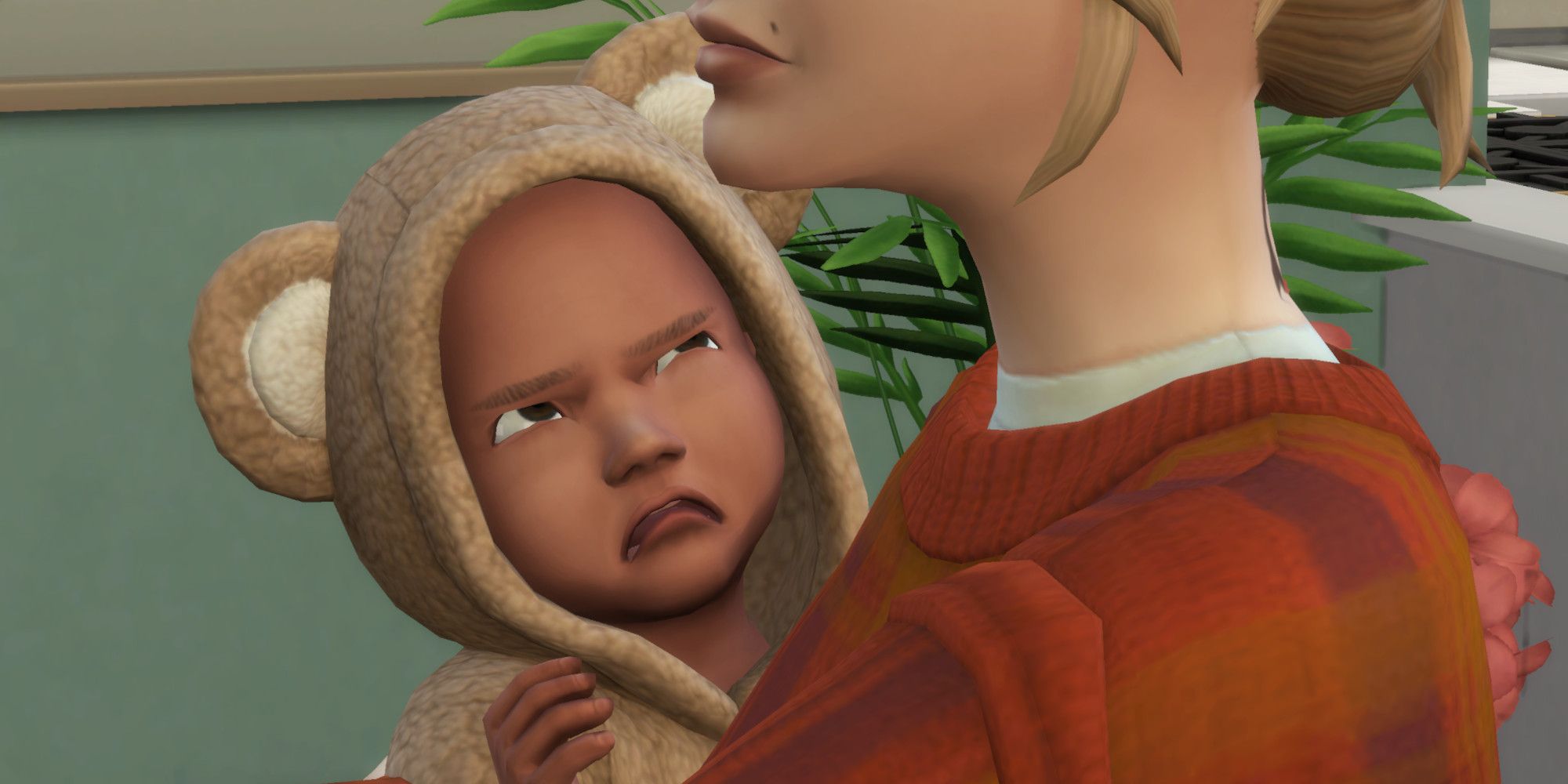A sim infant looks disgruntled as they are held by their Sim parent.