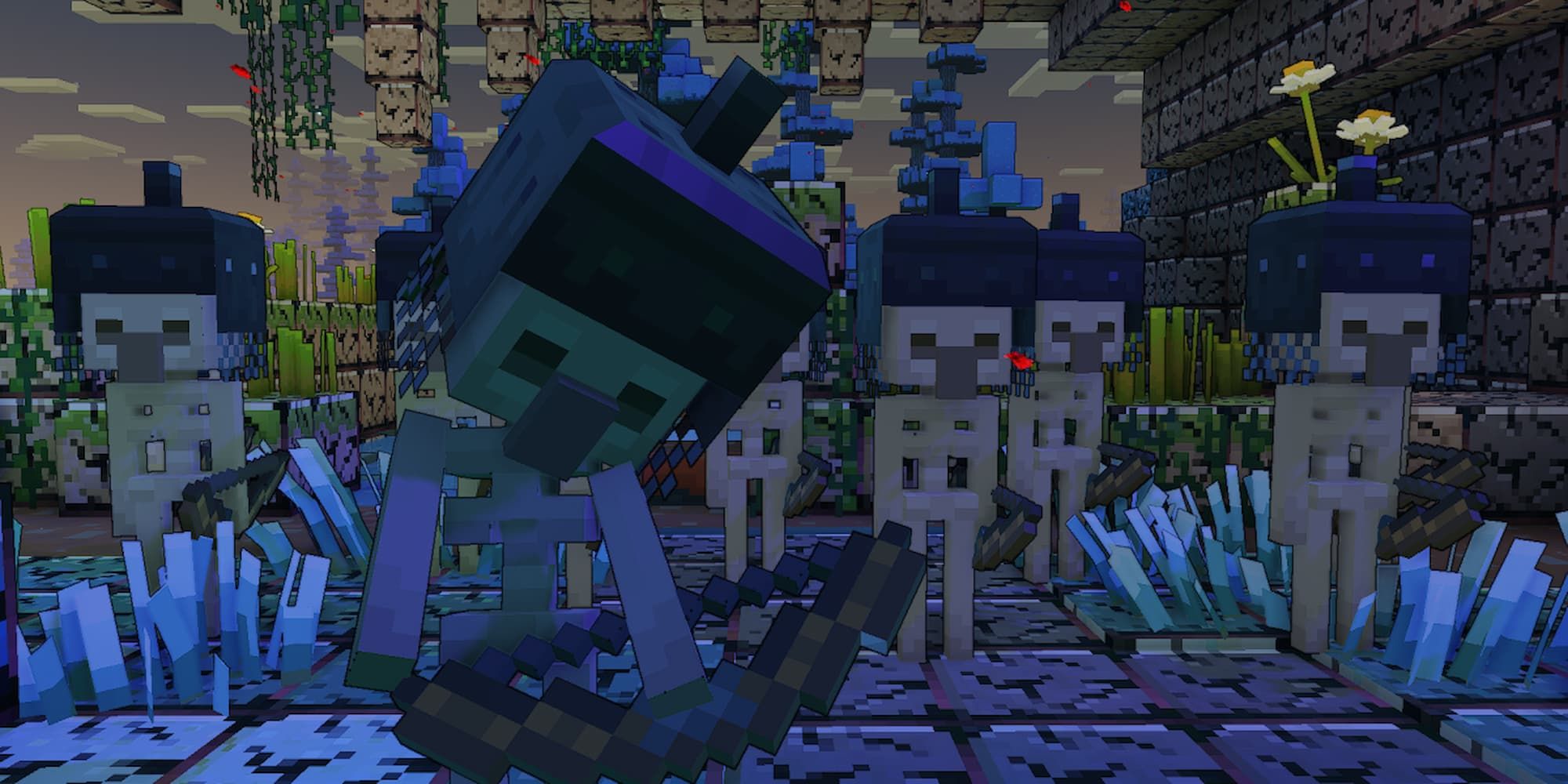 A group of the skeleton mob look on from a grassy area in Minecraft Legends.