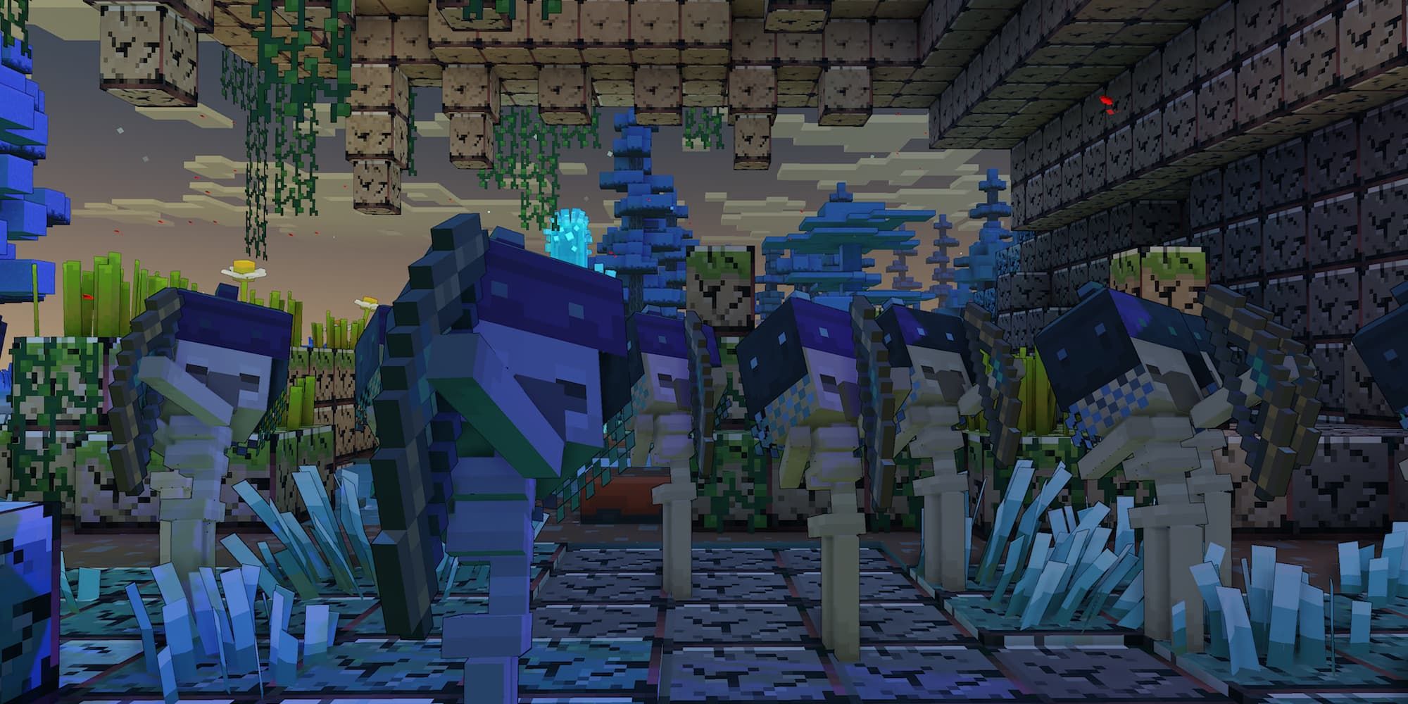 Several Skeletons in Minecraft Legends load their bows with arrows.