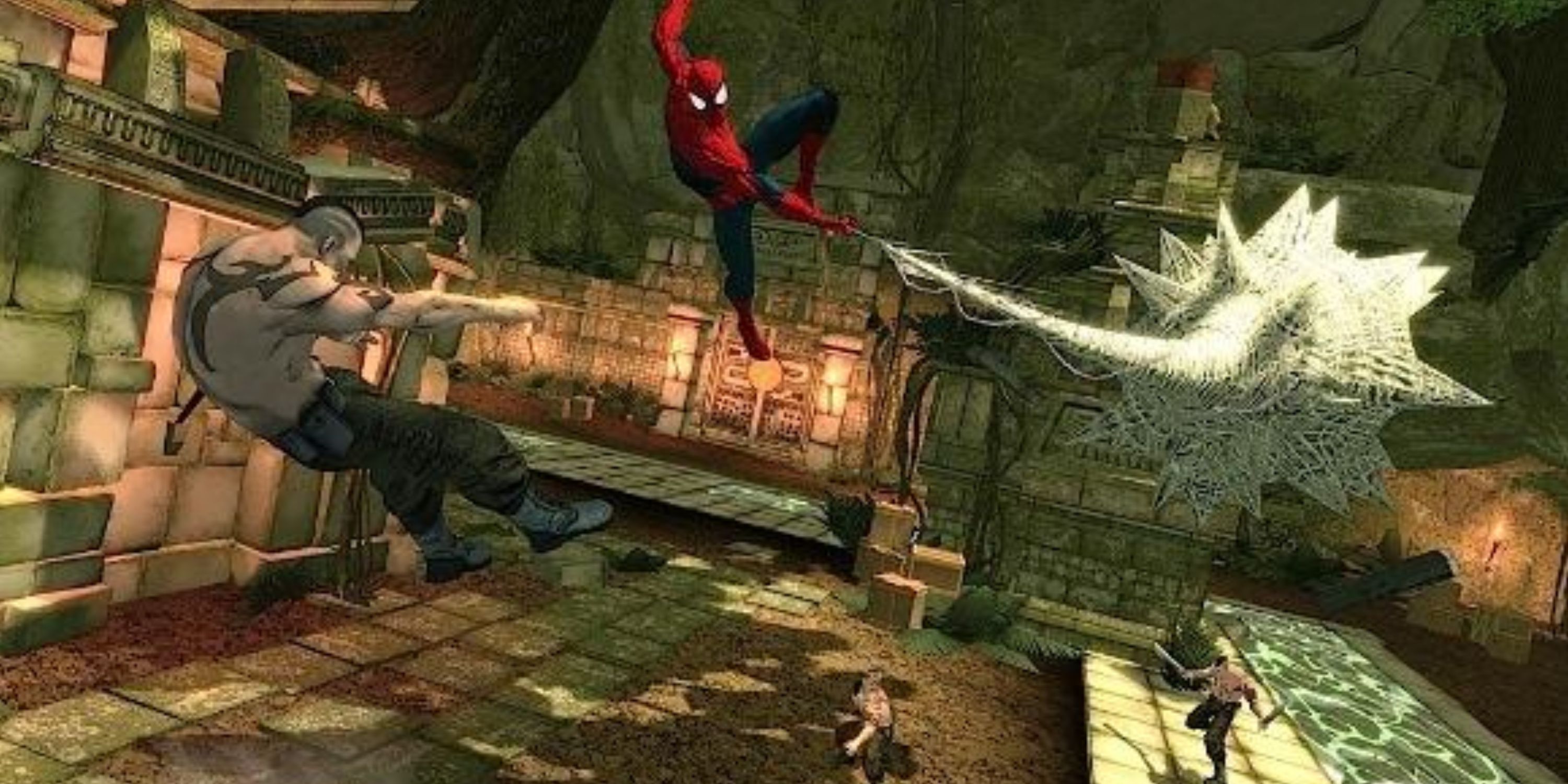 Spider-Man beating down an enemy with a web mace
