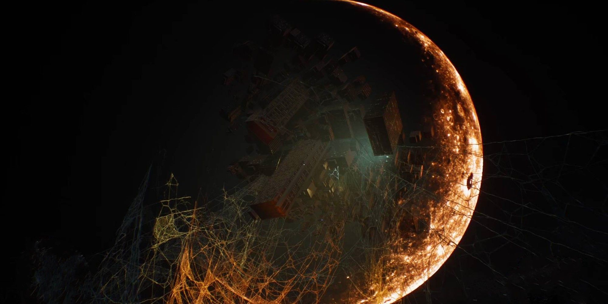 Spider's Thread Dimension Merge shows Shibuya encapsulated in a moon like structure surrounded by spider webs