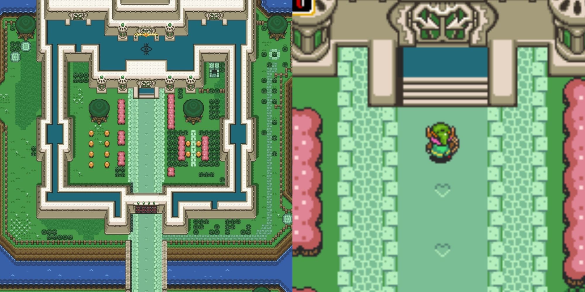 Split image of A Link to the Past's Hyrule Castle and Link outside Hyrule Castle's door