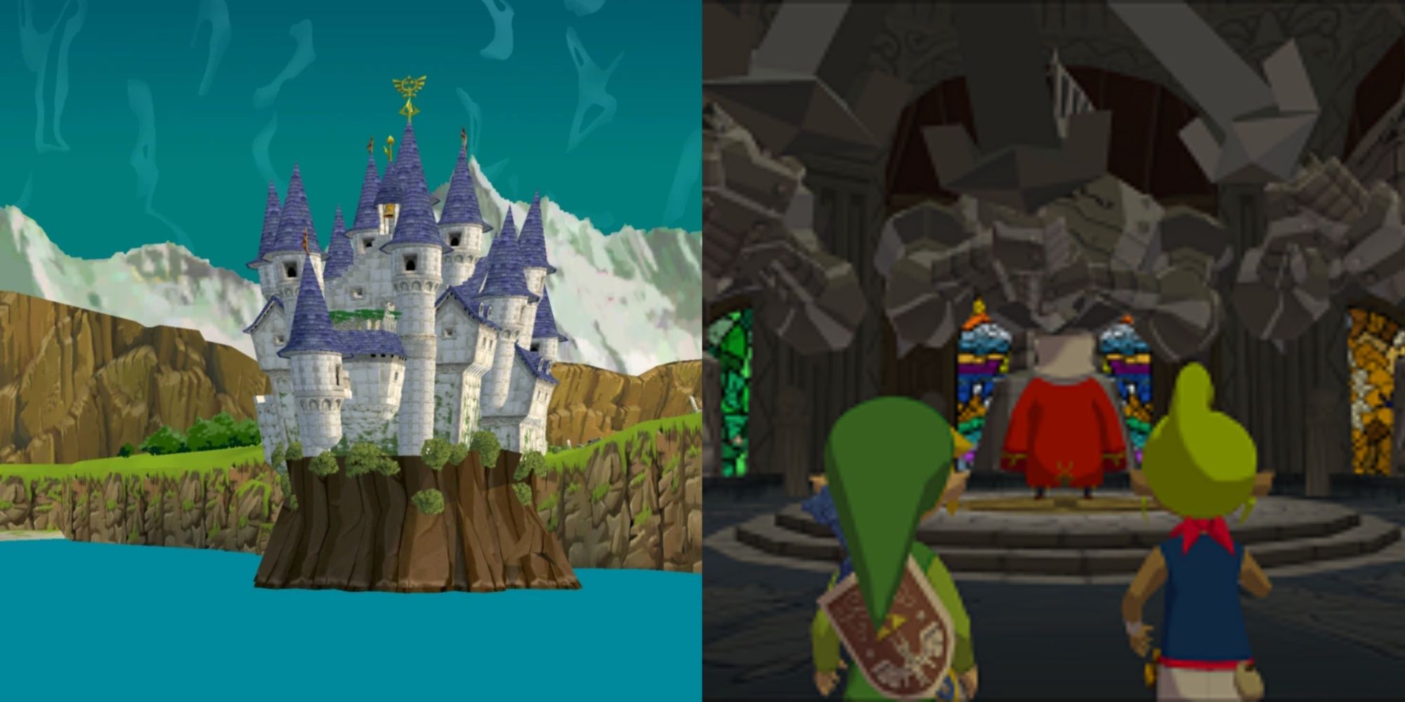 Split image of Hyrule Castle's exterior and Link, Tetra and the King inside the castle in The Wind Waker