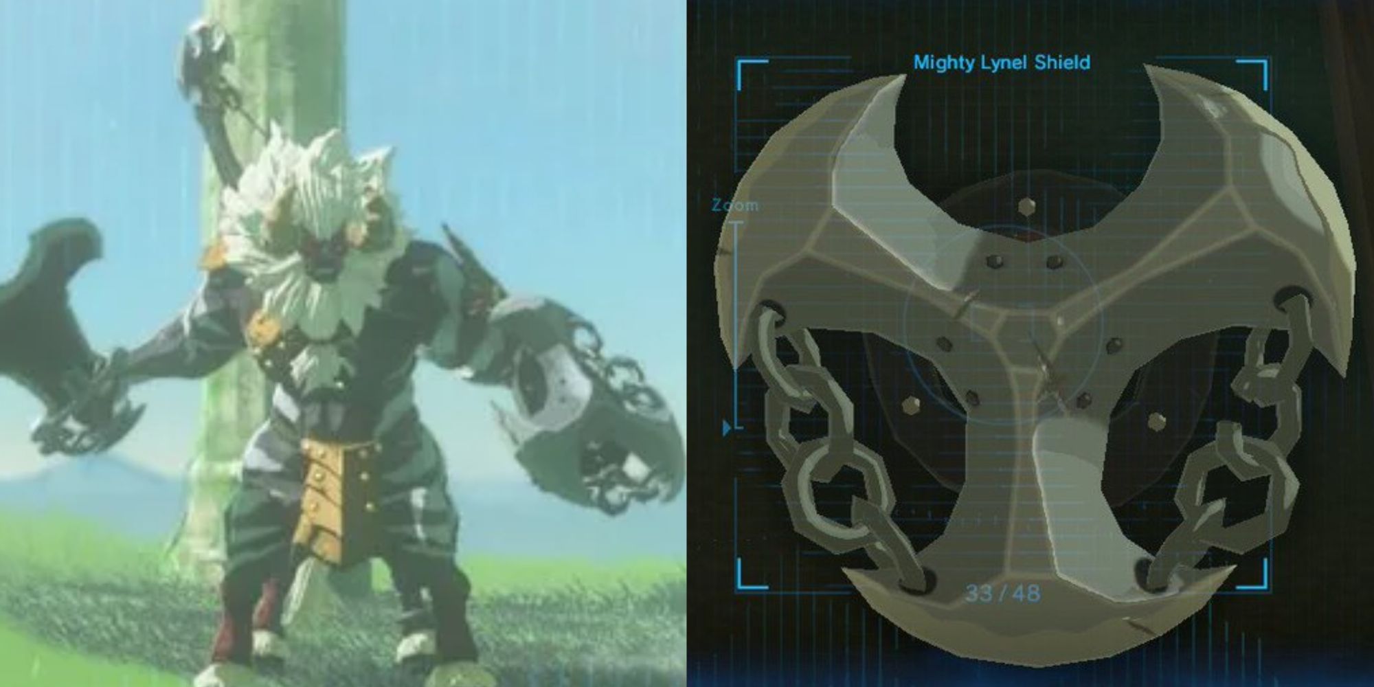 Split images of a Lynel holding the Mighty Lynel Shield and a close up of the Mighty Lynel Shield hung up in Link's house.