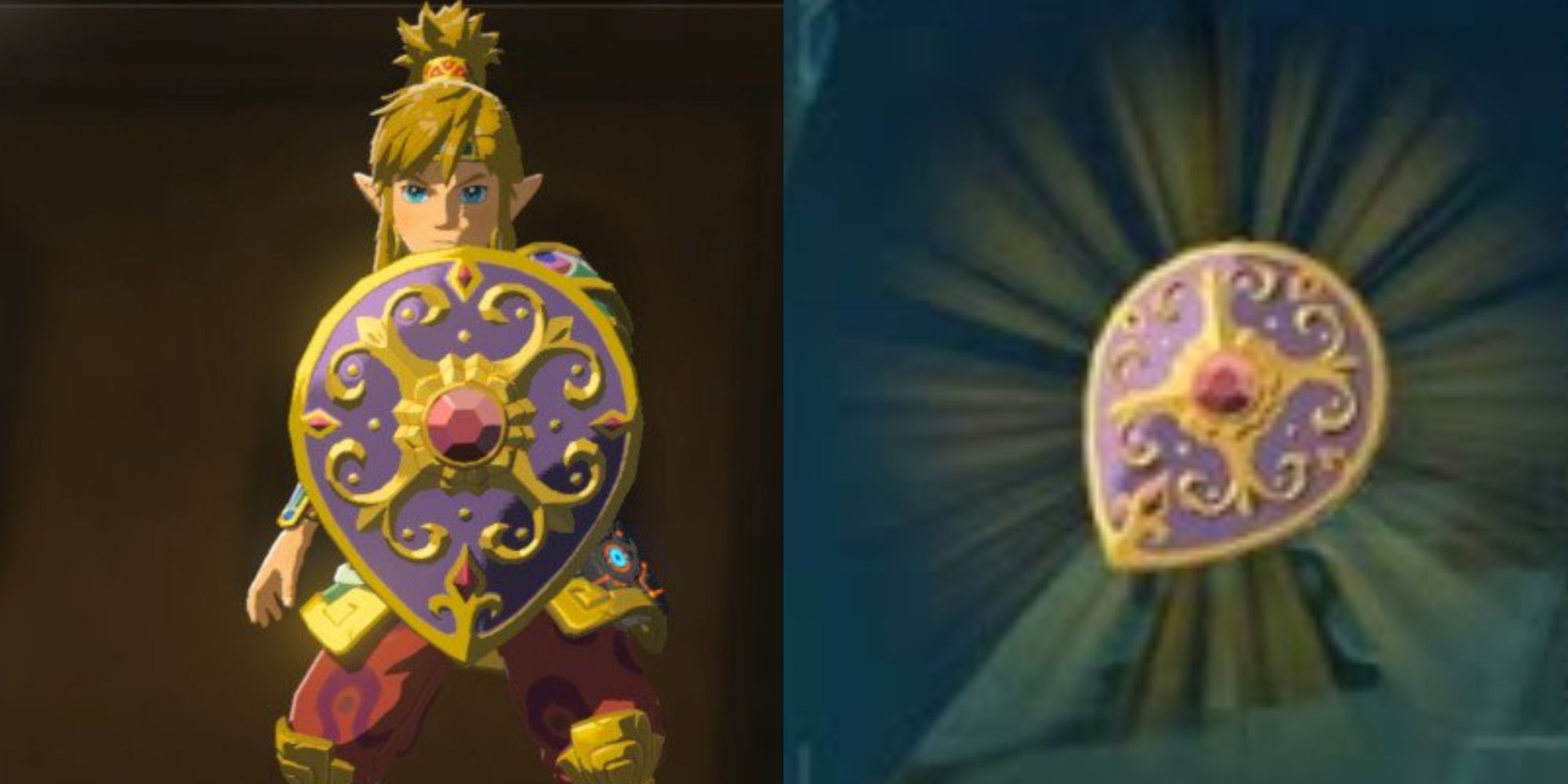 Split images of Link holding the Radiant Shield and a close-up of the Radiant Shield in BOTW