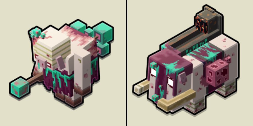 the Sporeback and Lava Launcher enemies from Minecraft Legends