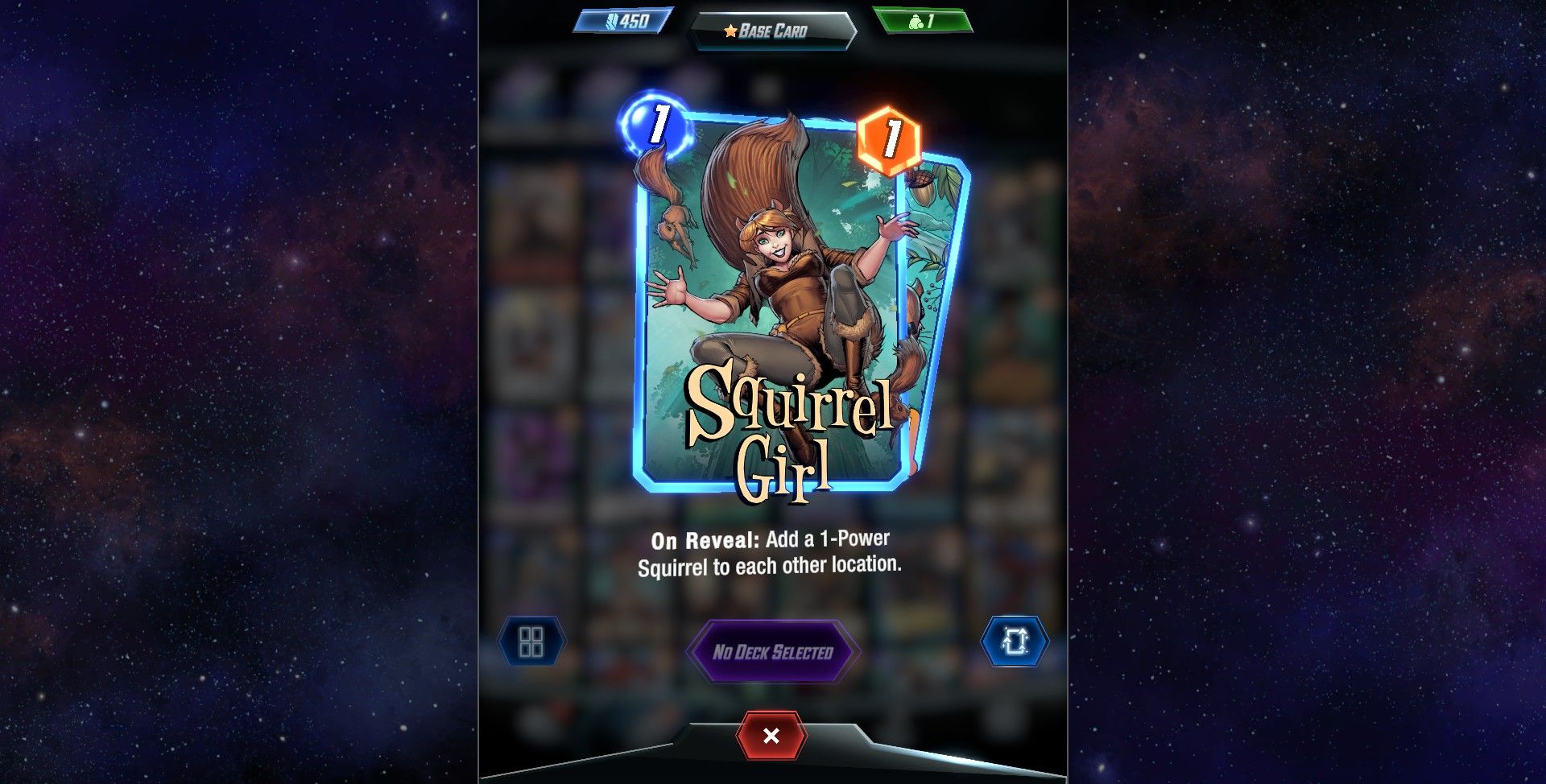 The Squirrel Girl card with its On Reveal effect in Marvel Snap.