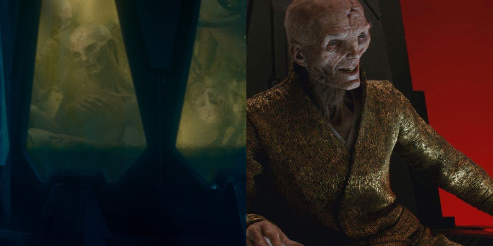 Star Wars Who Is Snoke Featured Split Image Snoke In Pod and On Chair