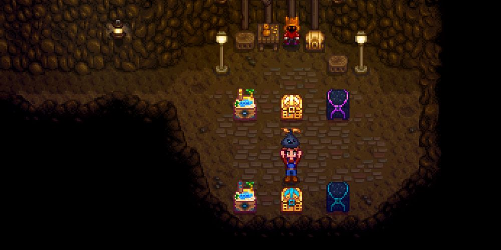 Stardew ValleThe farmer in the caves with the dwarf, standing amongst six chests and holding a pouch