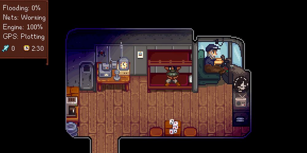 Stardew Valley Farmer waking up on the fishing trawler