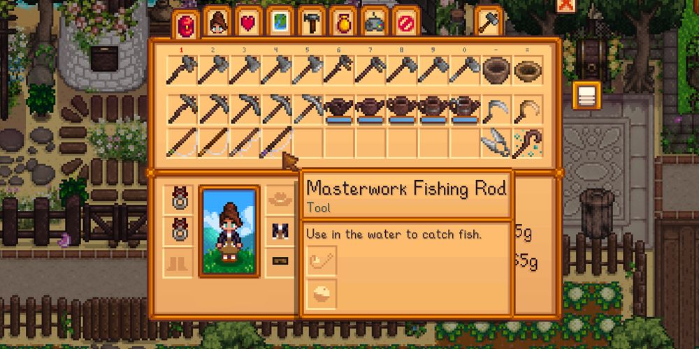 Stardew Valley Farmer's Inventory with different upgrades of Grandpa's Tools