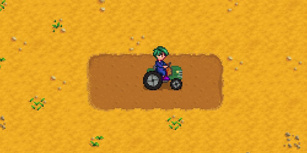 Stardew Valley Farmer on a tractor, digging up land