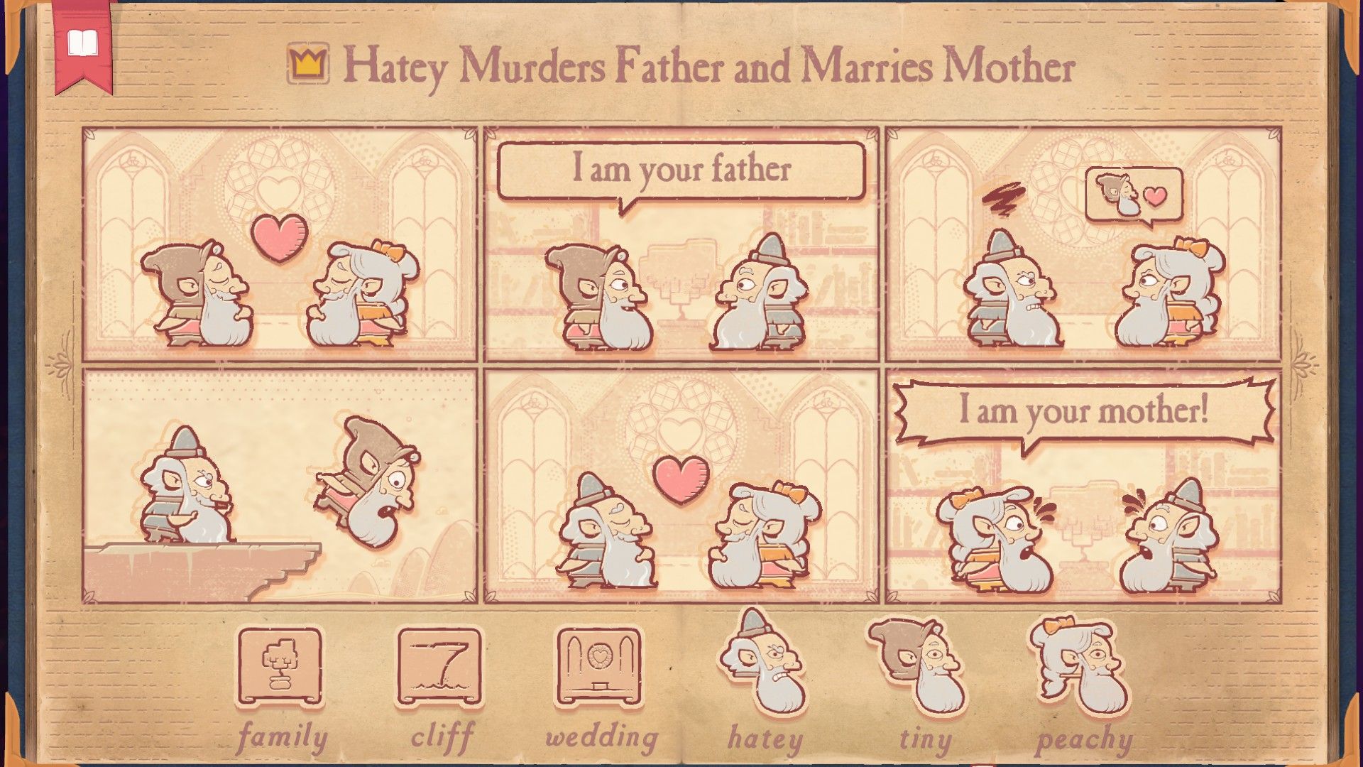 The solution for the Oedipus section of Storyteller, showing Hatey murdering his father then marrying his mother.