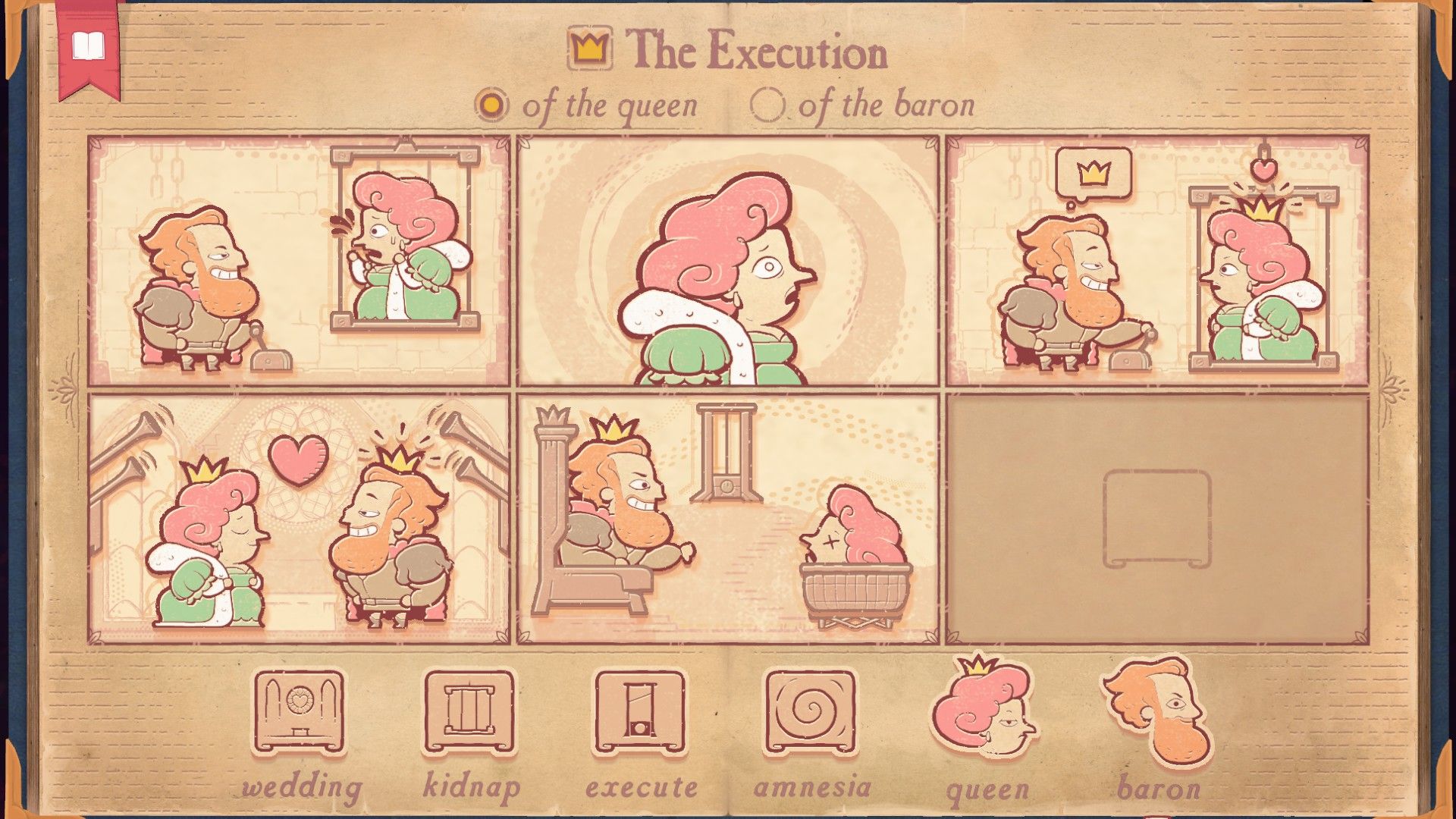 The solution for the Amnesia section of Storyteller, showing the Queen being executed by the Baron.