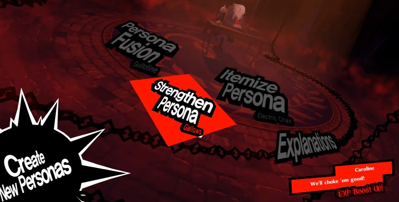 strengthen personas highlighted during a fusion alarm in the velvet room with igor in the background in persona 5 royal