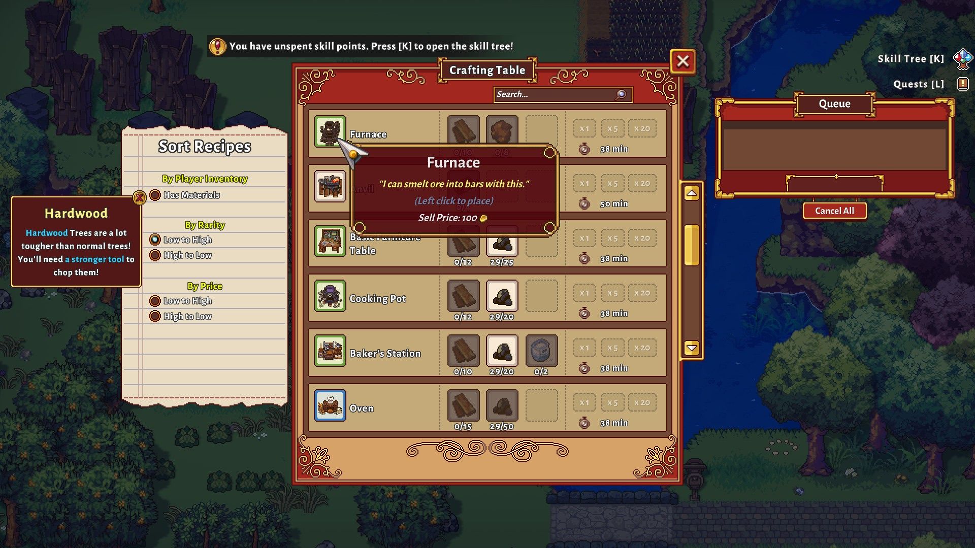 The Crafting Table Menu with the cursor hovering the Furnace in Sun Haven.