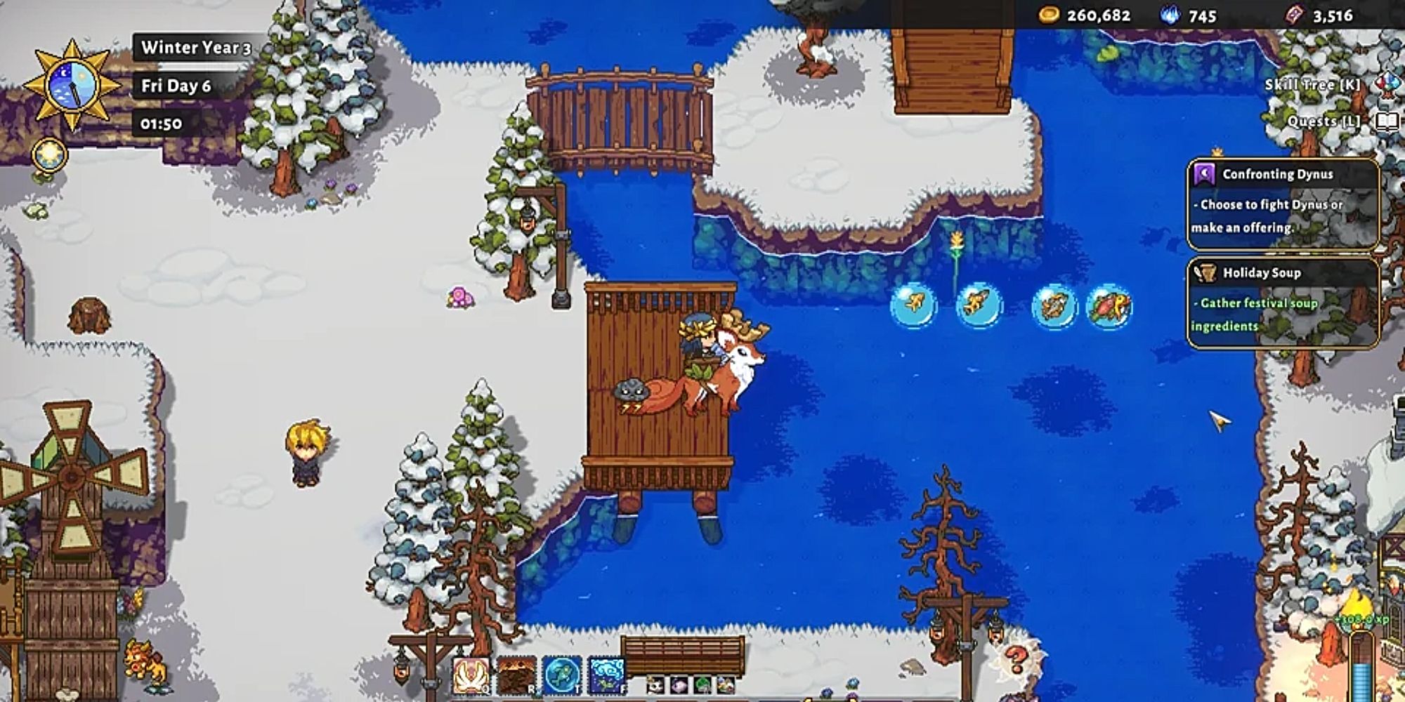 sun haven player riding brown fox mount using bubble fishing spell