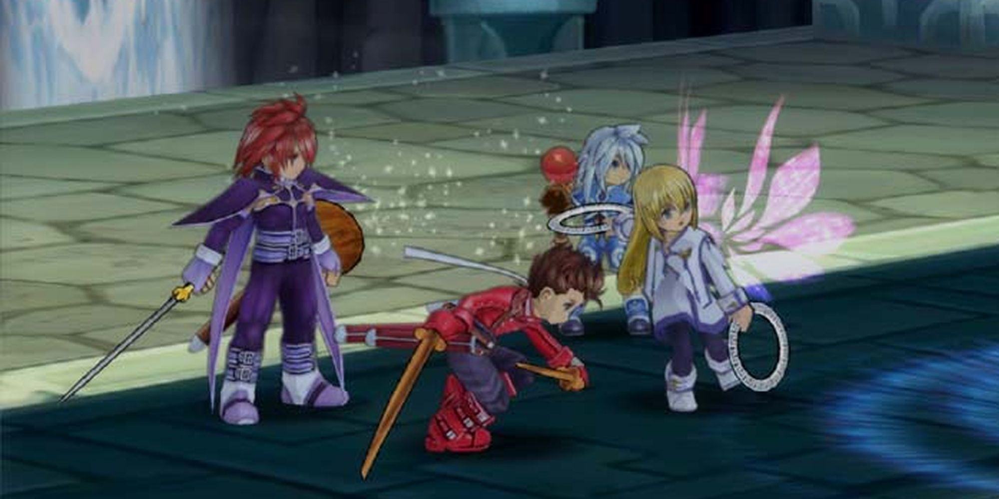 Lloyd, Kratos, Colette, and Genis in combat, in Tales Of Symphonia.