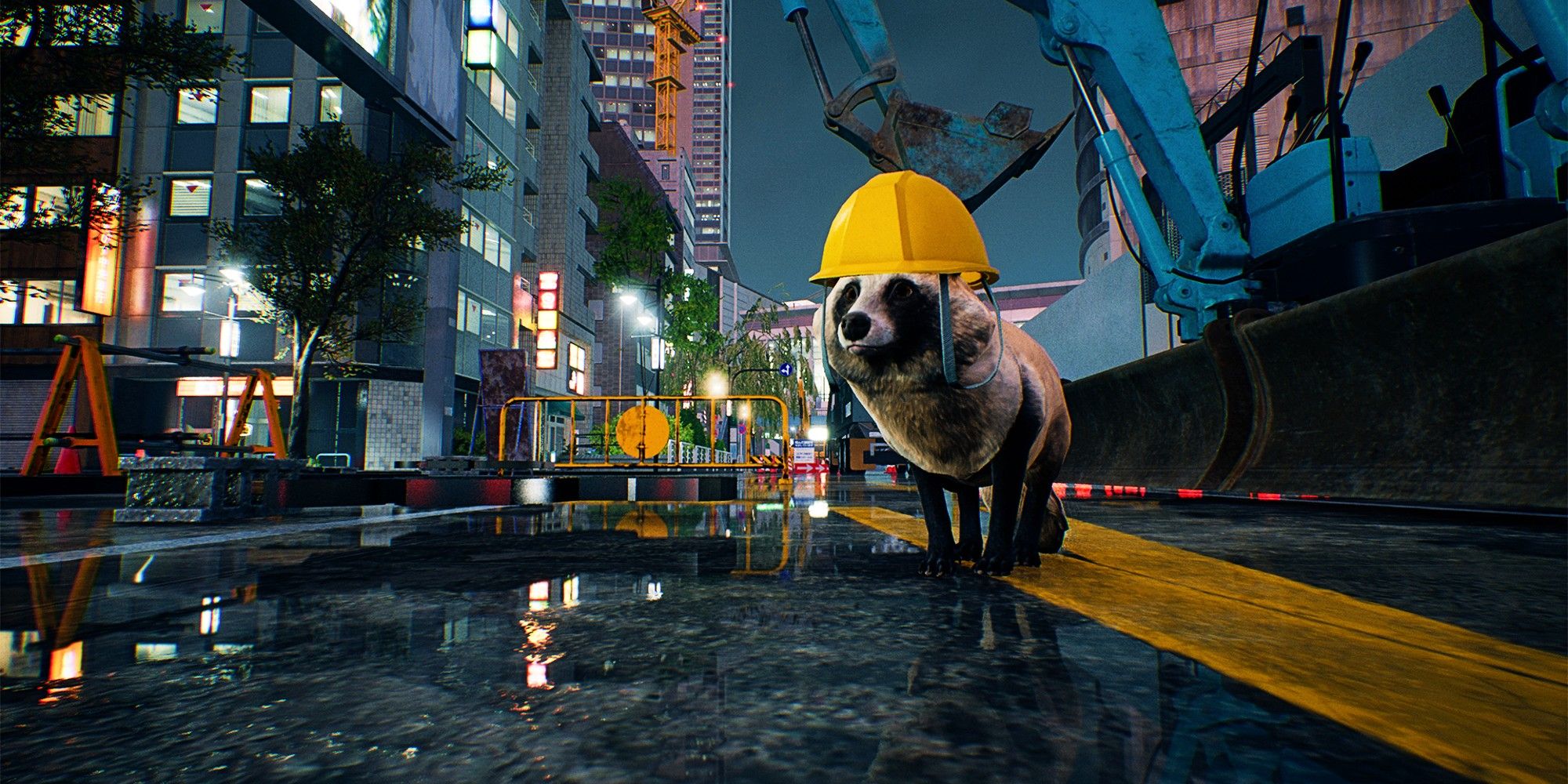 A close up view of a Tanuki in a construction hard hat