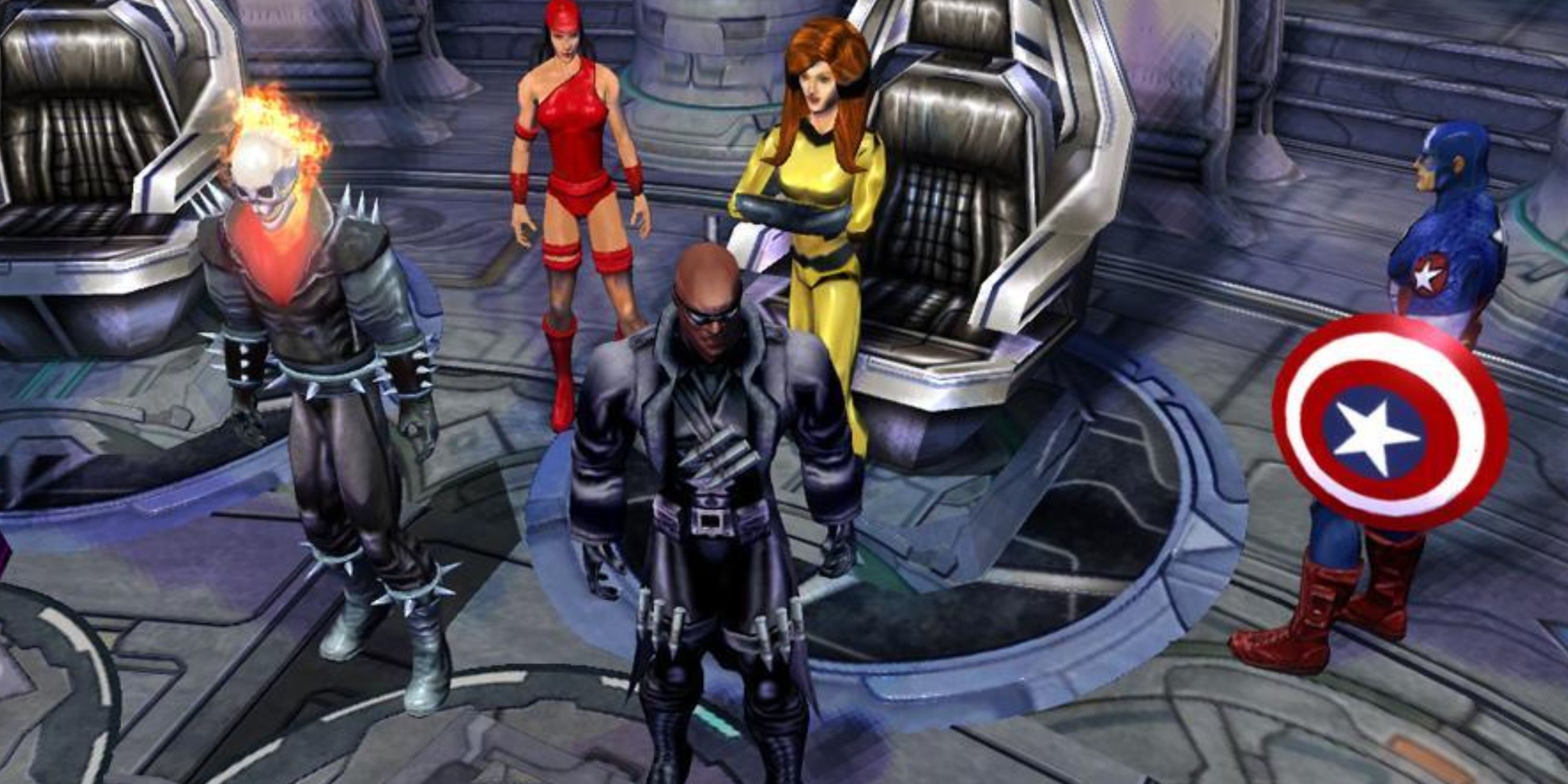 The Avengers team chilling in the tower with Nick Fury