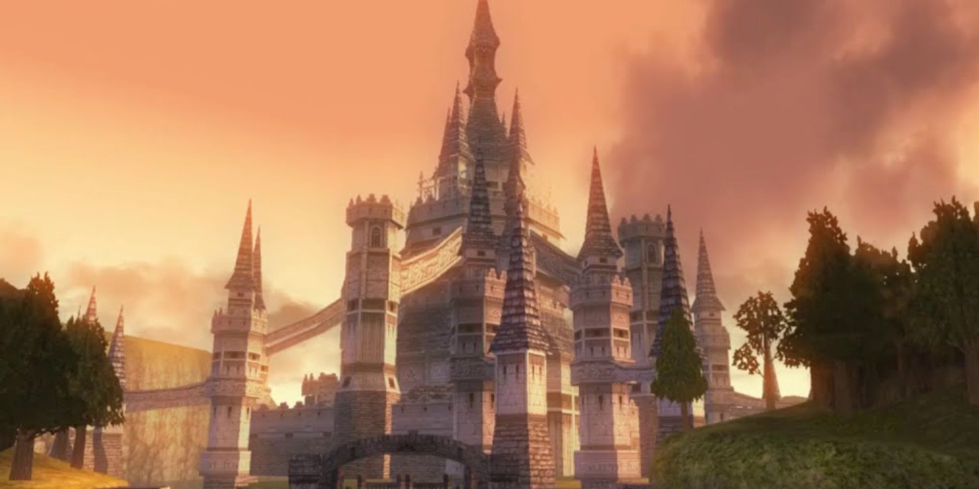 The exterior of Hyrule Castle in Twilight Princess at dusk