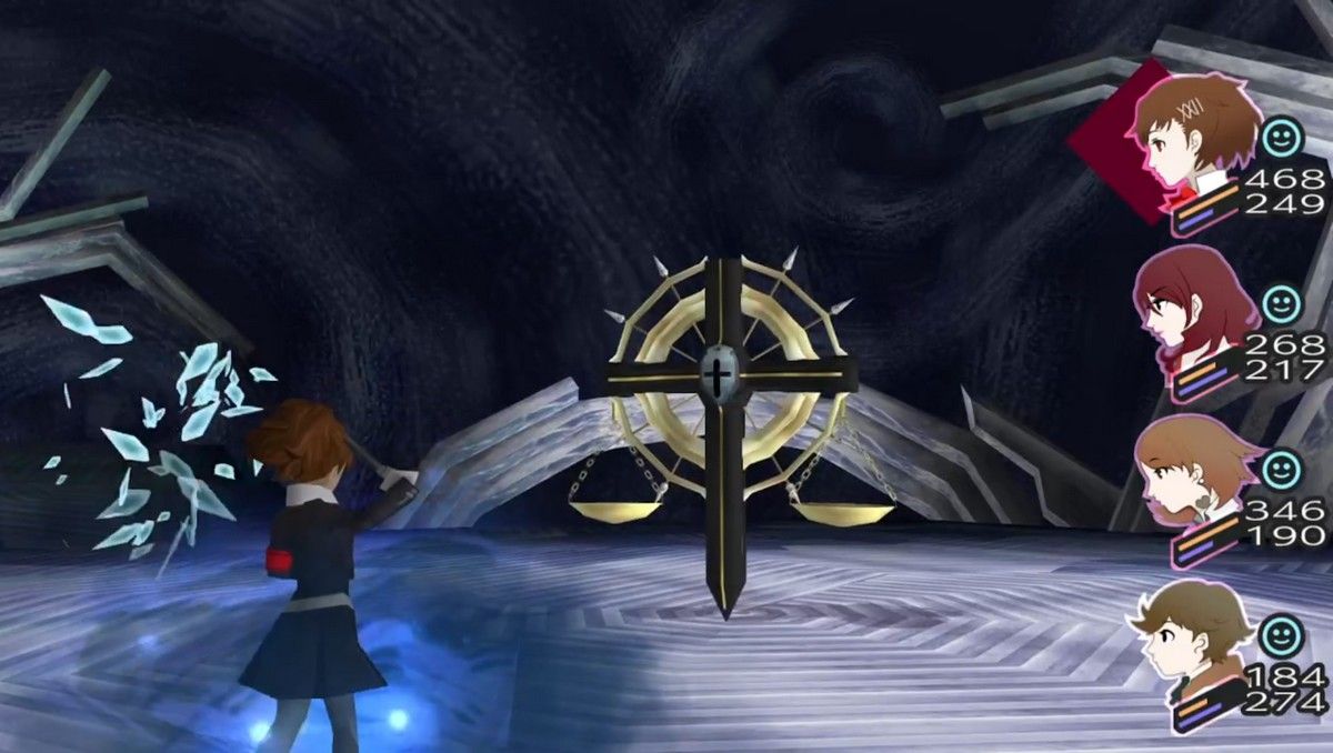 the female protagonist of p3p about to use a skill on the world balance guardian shadow in the adamah block of tartarus in persona 3 portable