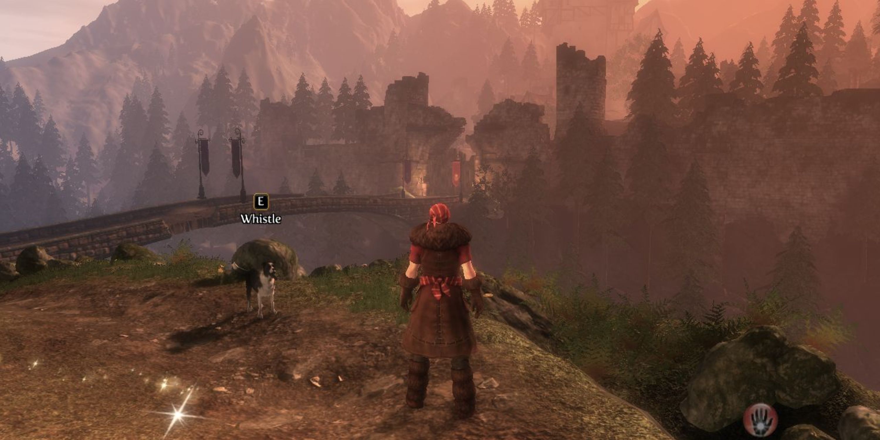 The Hero of Brightwall standing next to a dog near a bridge