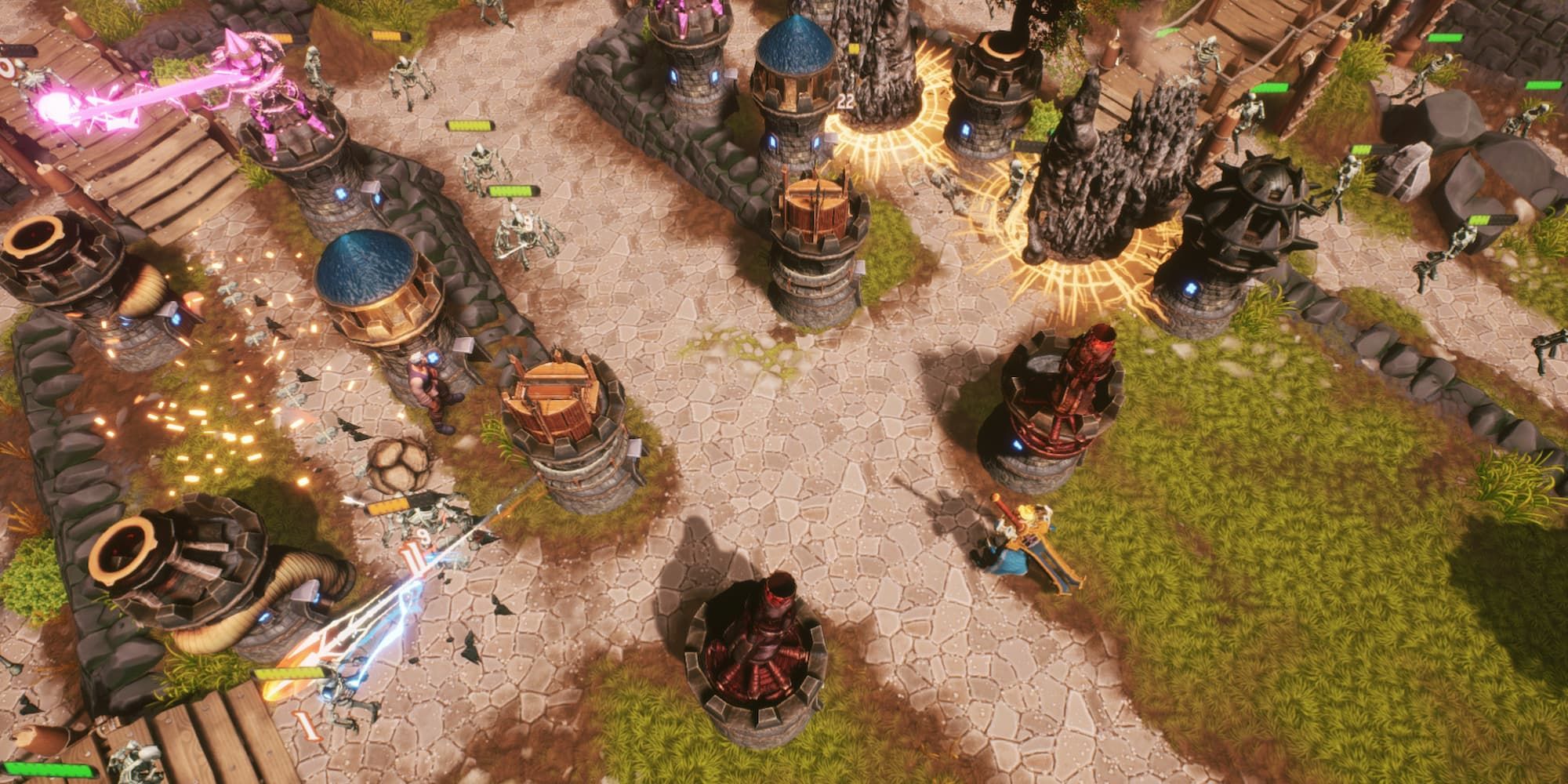 Enemies attack a village lined with defense towers in The Hero We Need.