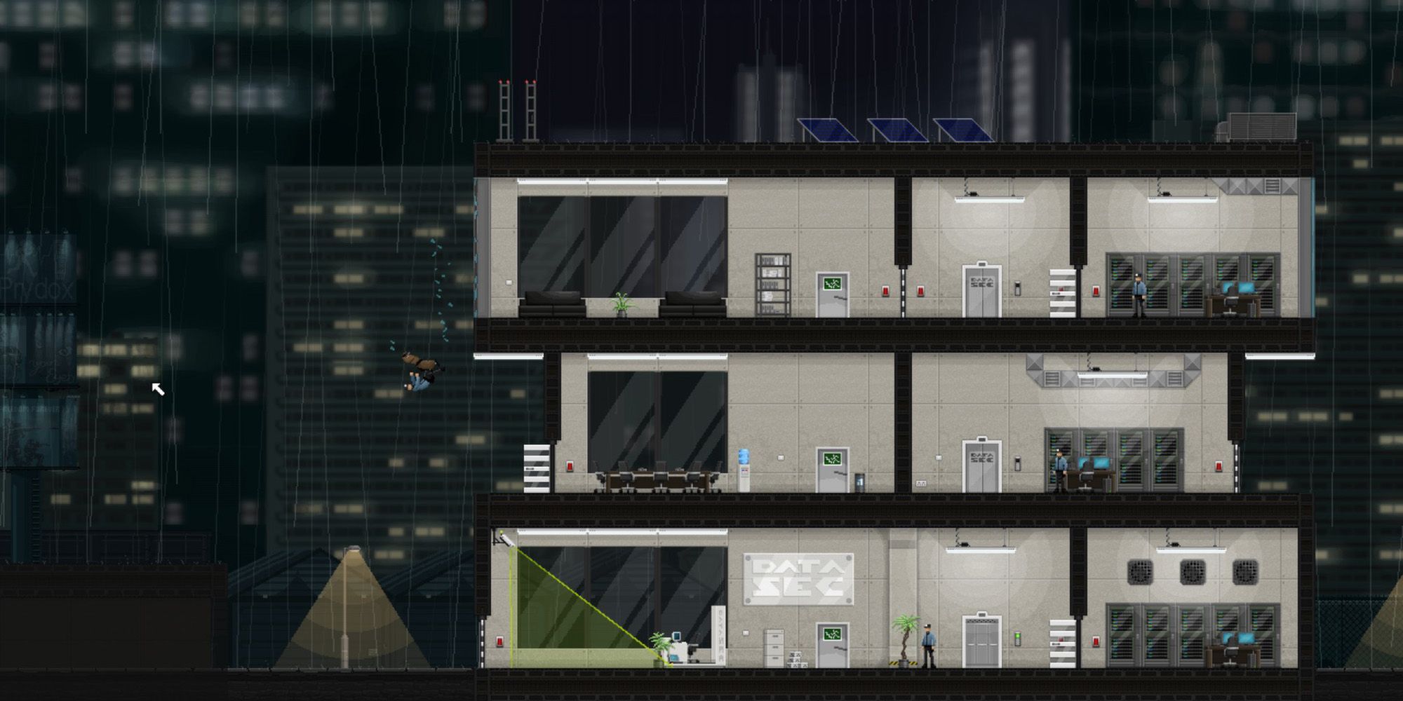 The interior of a building with guards from the game Gunpoint
