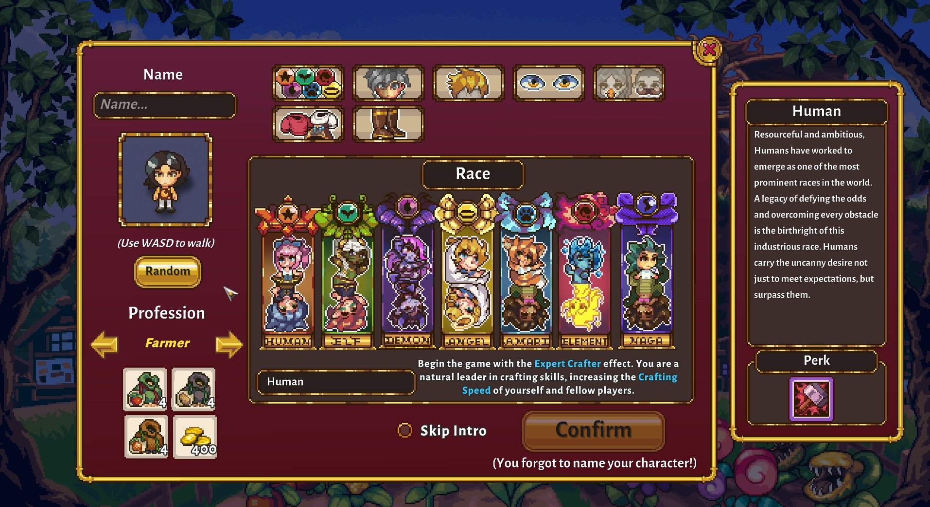 the player creation screen in sun haven