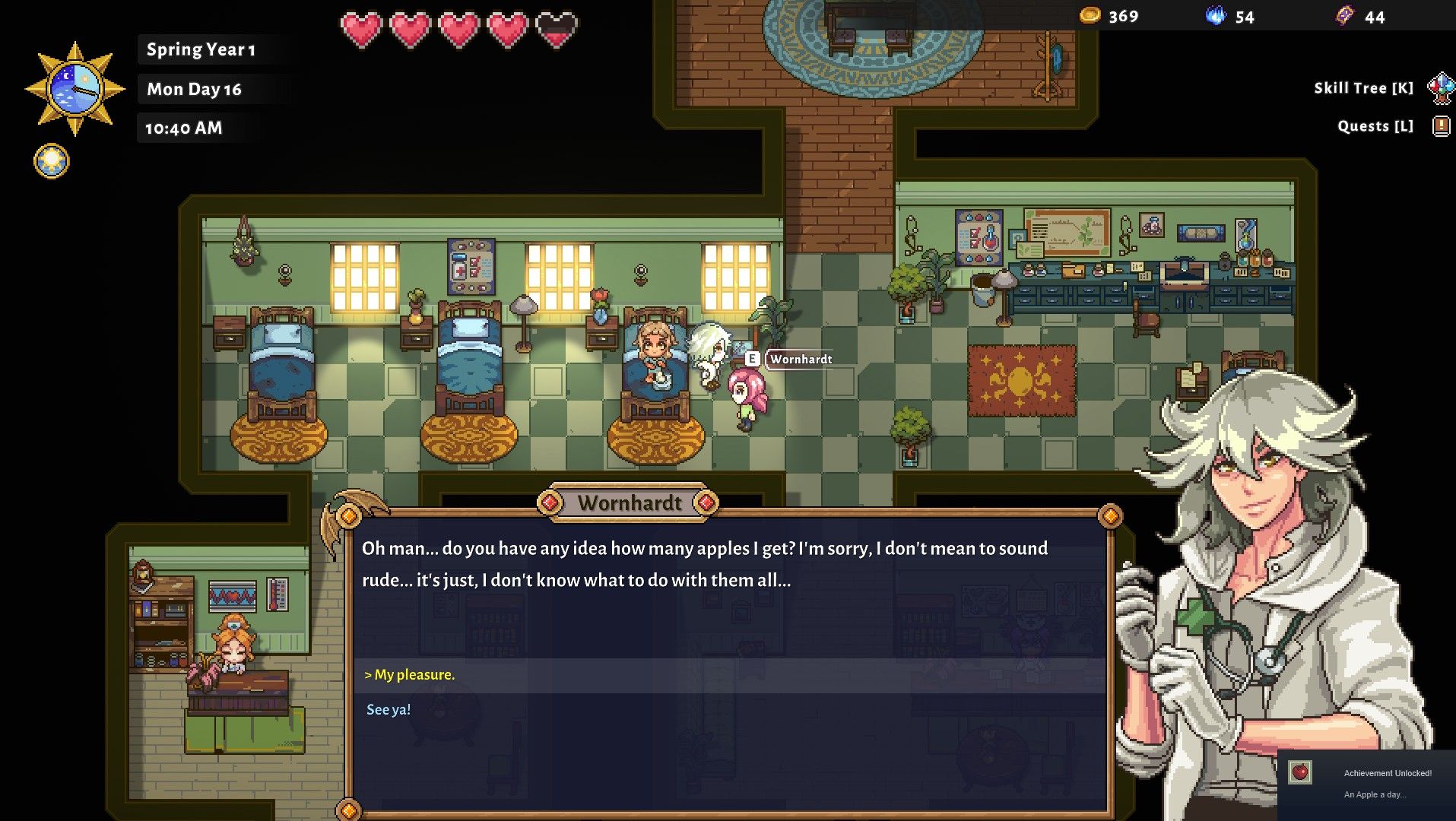 the player giving wornhardt an apple for the an apple a day achievement in sun haven