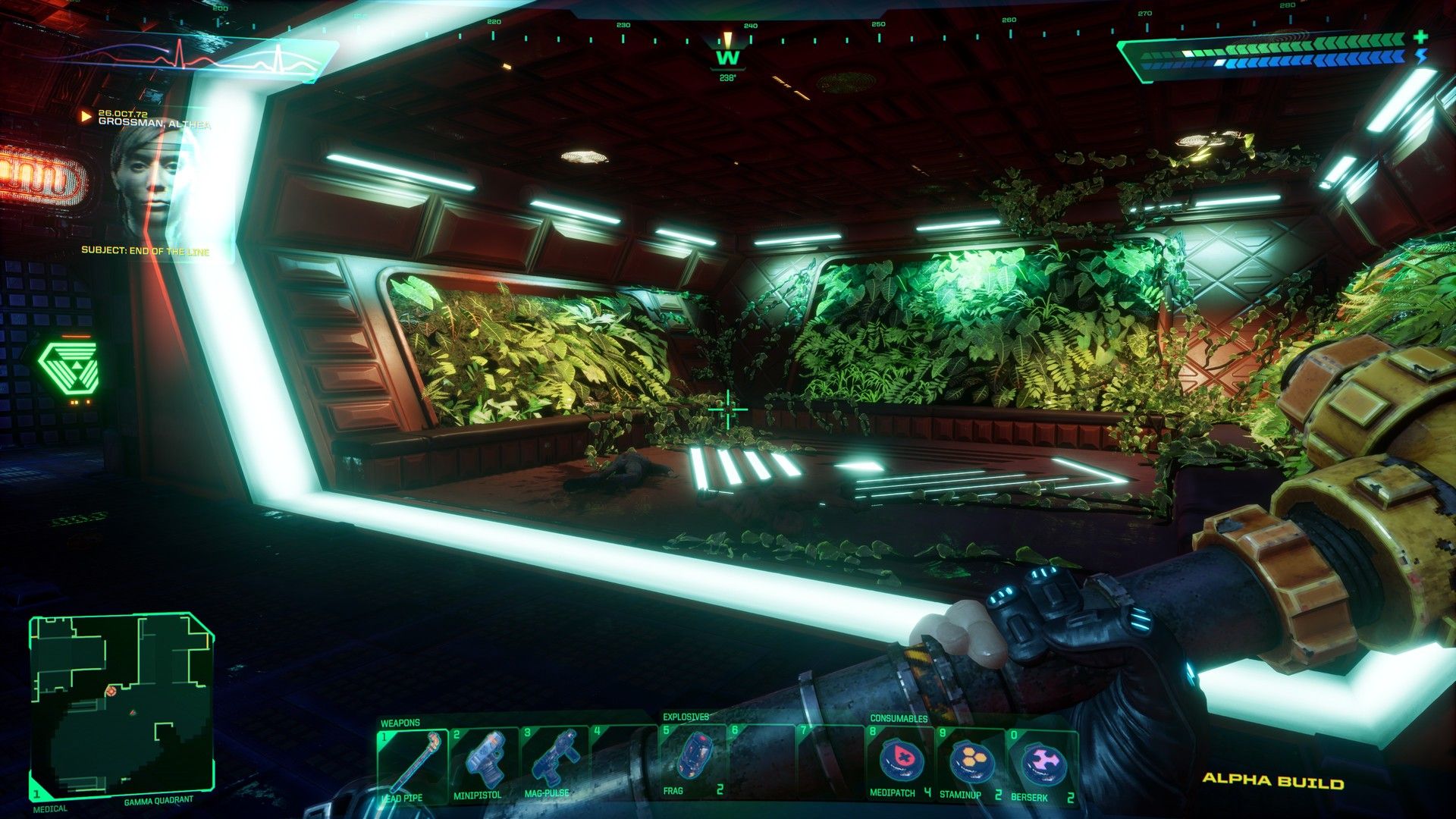 The player looking at part of the space station with lots of foliage and a dead body in the System Shock remake.