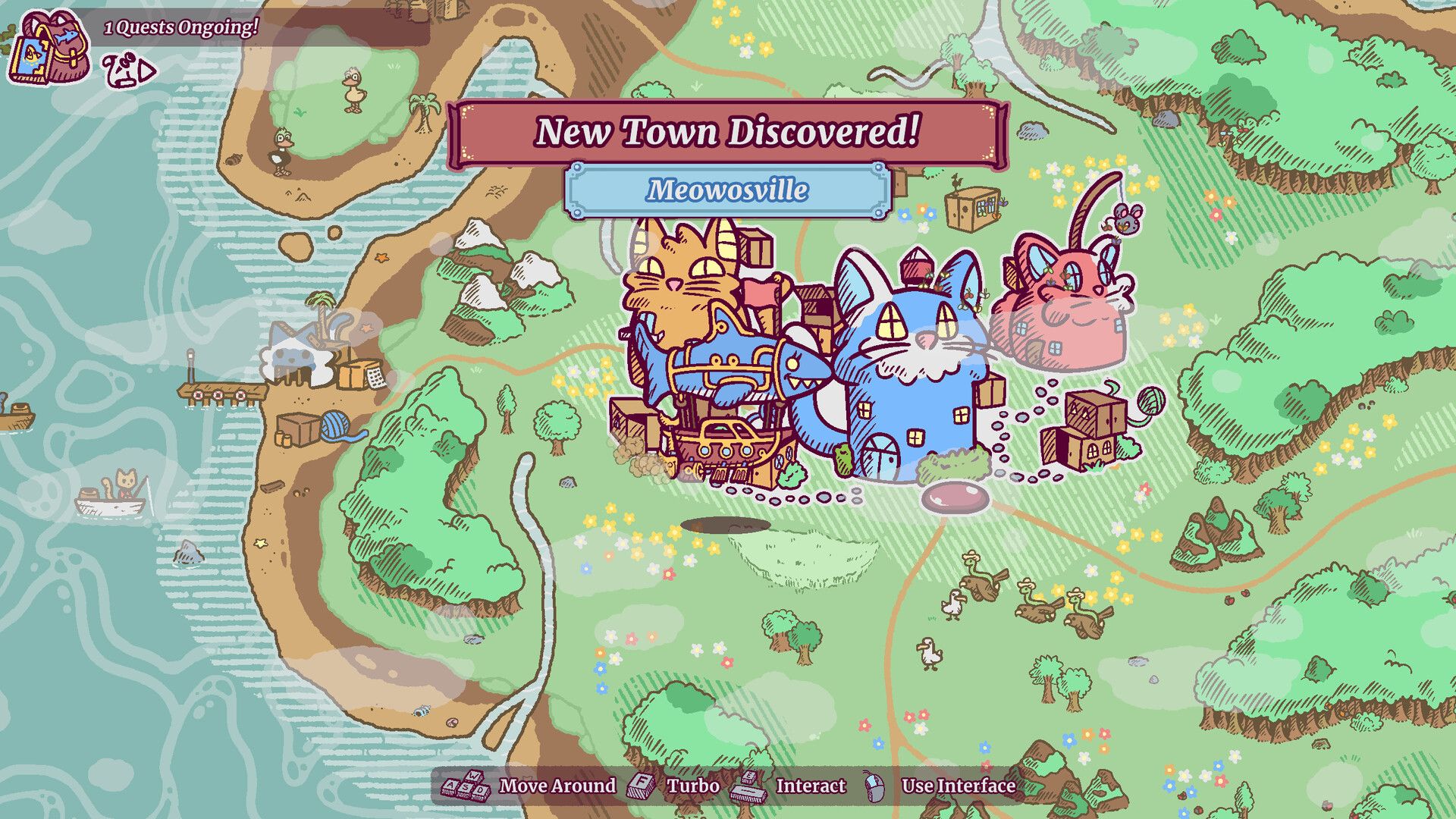 The shark blimp discovering Meowsville in Townseek.
