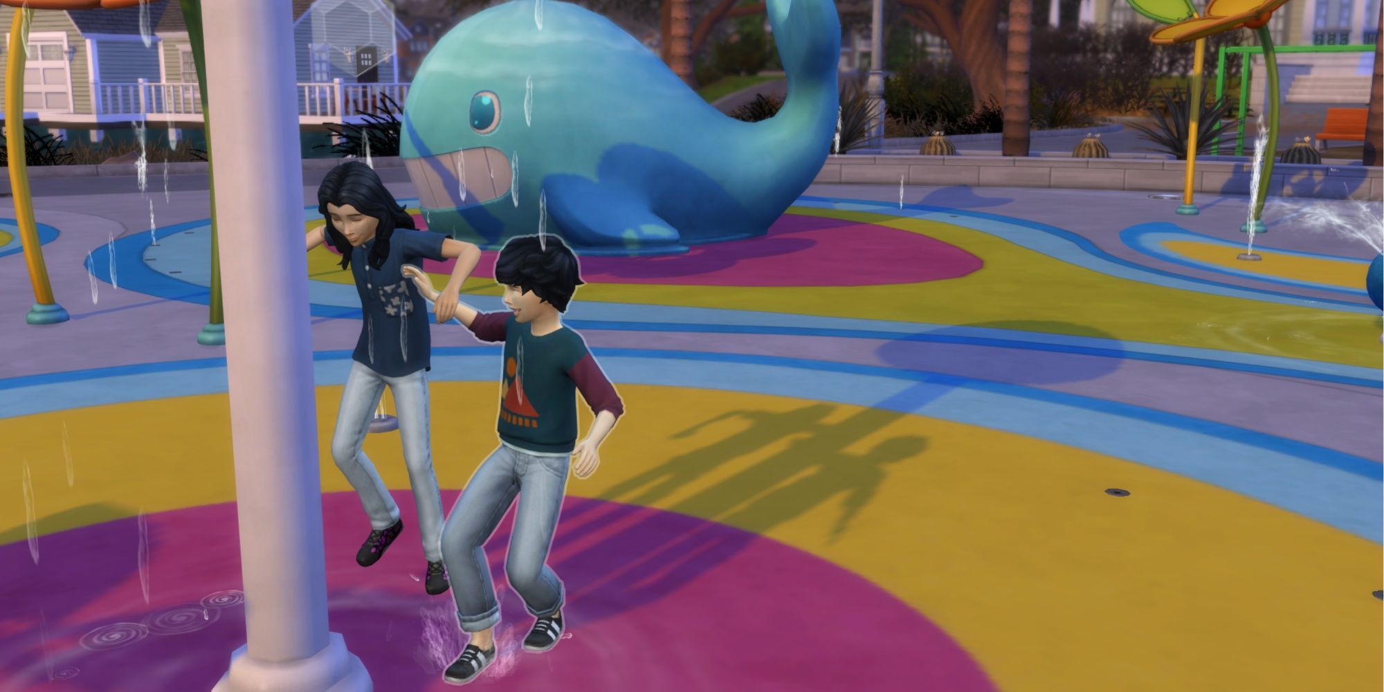 The Sims 4 Growing Together - Two sim children playing in splash pad