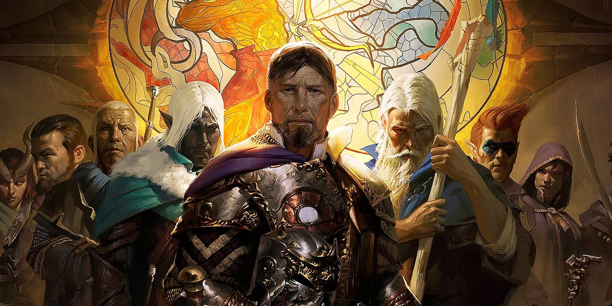 Numerous figures stand at the backdrop of stained glass