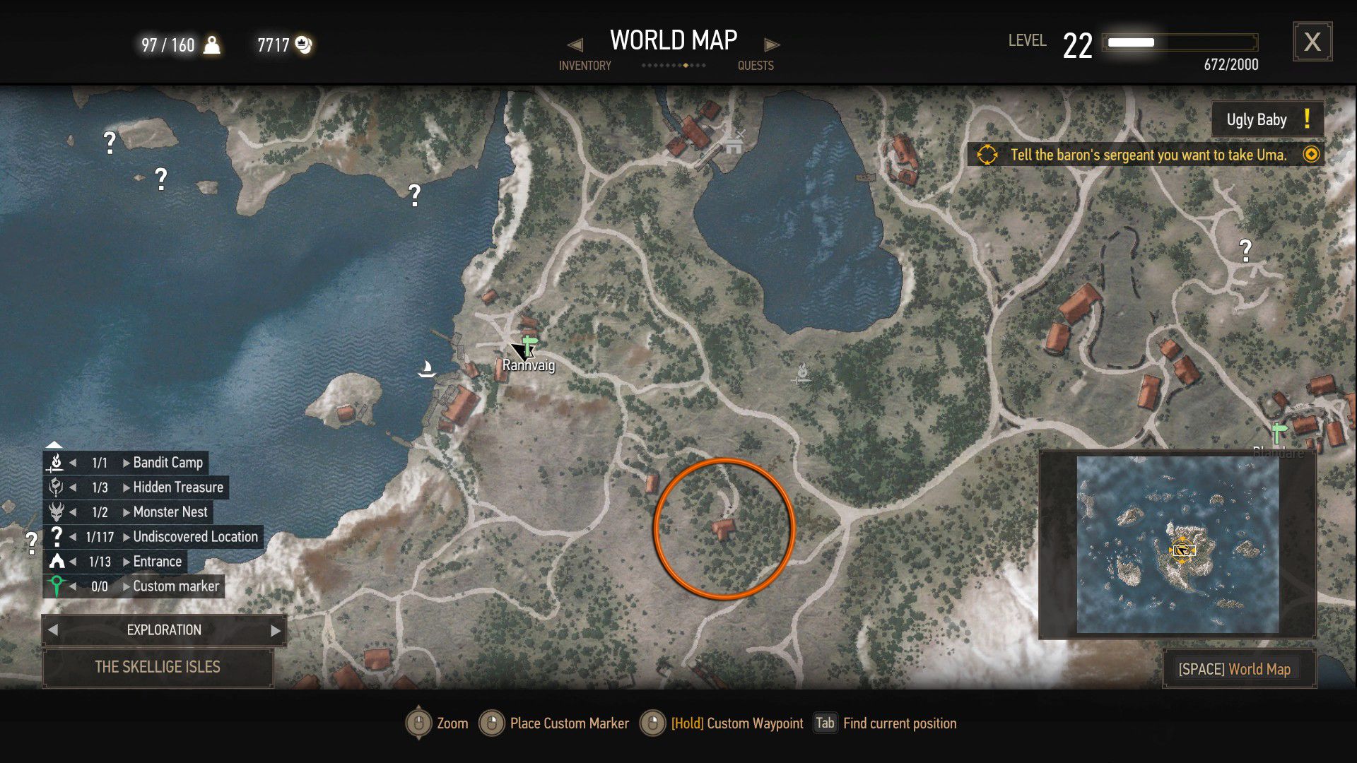 A screenshot of The Witcher 3's map, with an orange circle over a location.